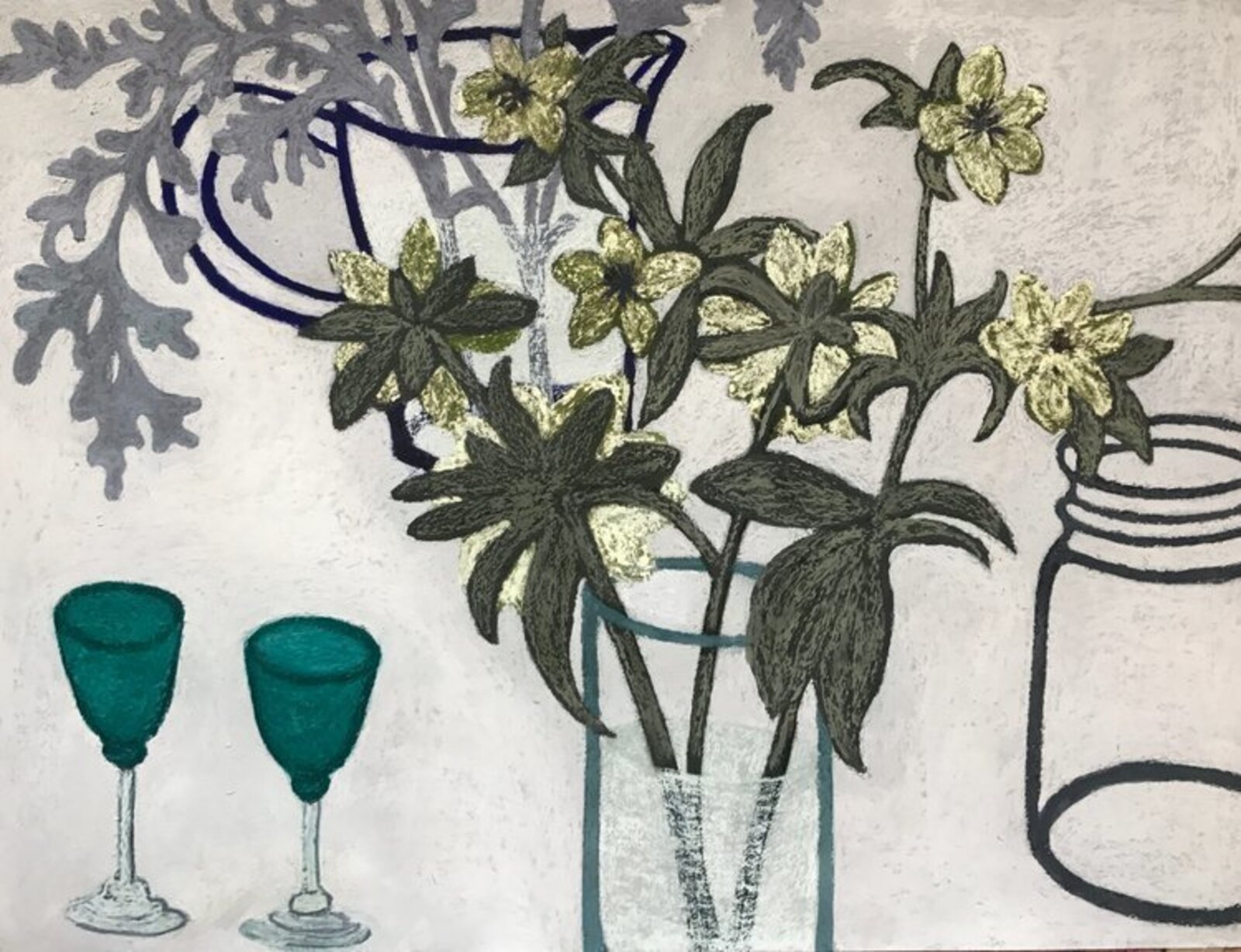 A painting of flowers in a vase next to two wine glasses.