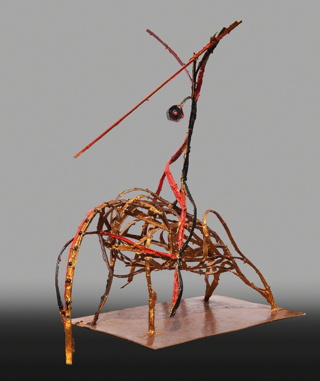 Artwork by Angelo Canevari, Picador (Bullfighter) - Resin and metal orange sculpture by Italian sculptor Angelo Canevari, Made of Automotive Paint, Card Board, Resin, Metal 