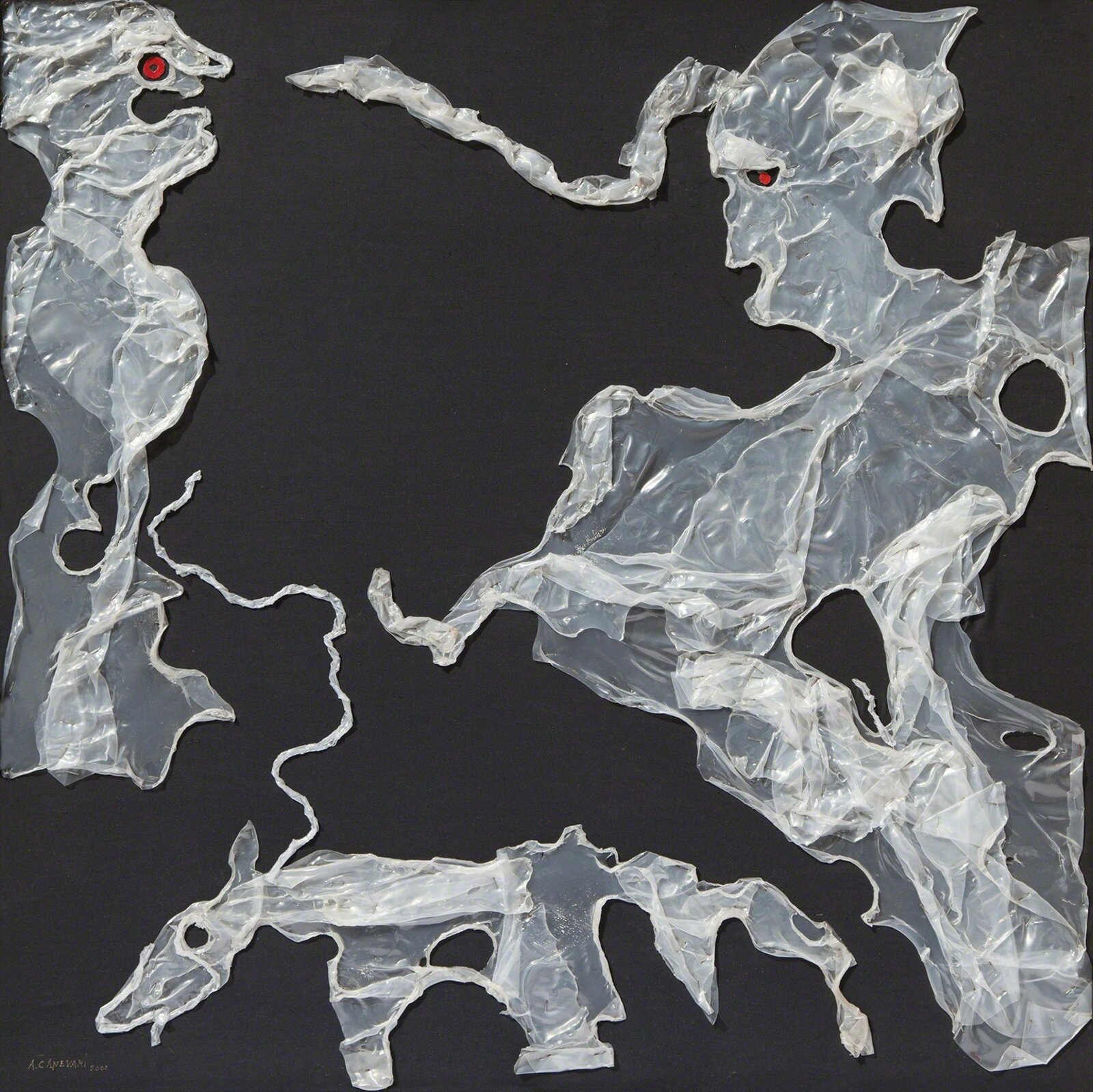 Lady walking her dog in a windy day by Angelo Canevari, 2001