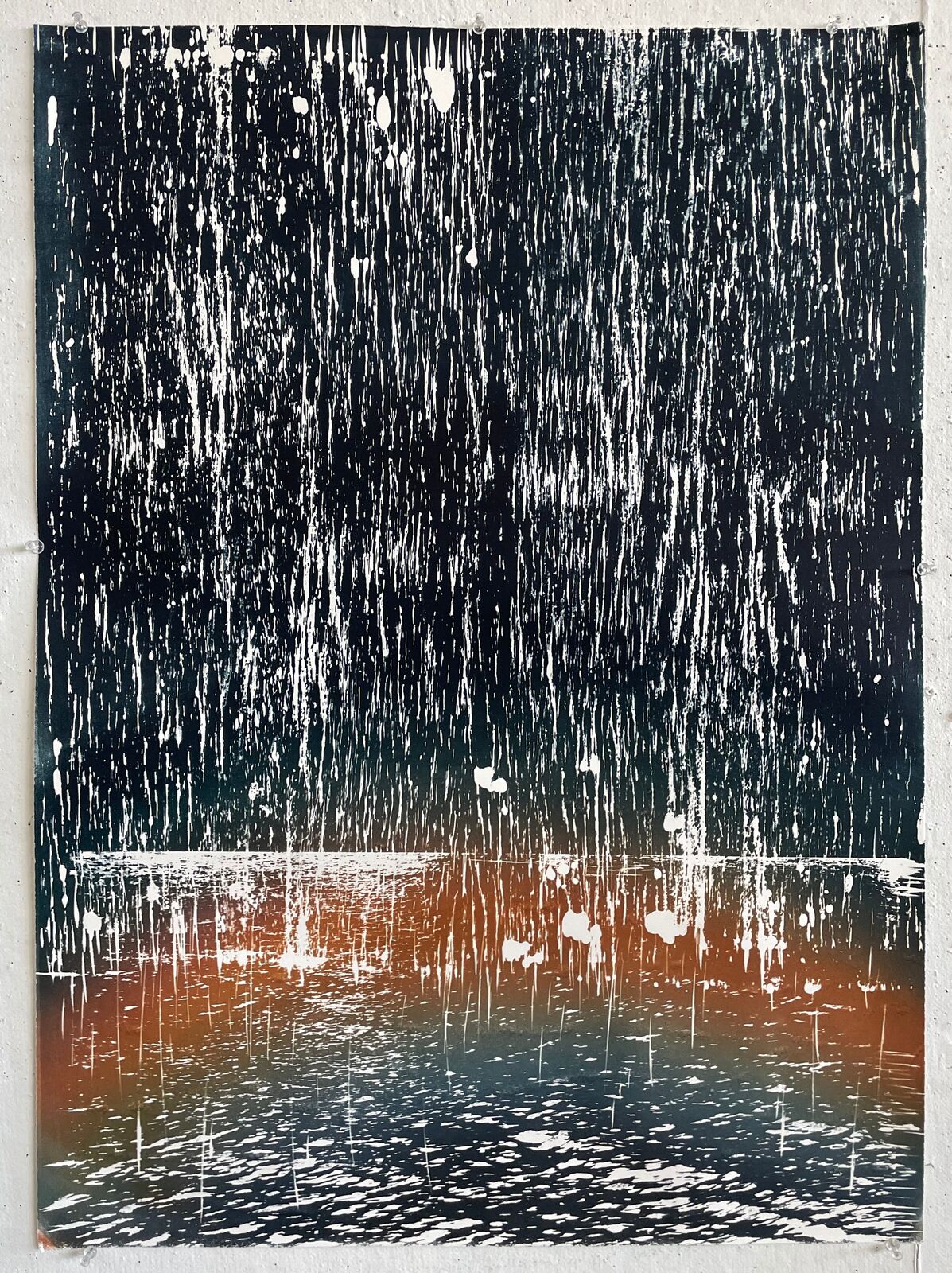 A vertical abstract composition featuring cascading white lines against a dark background, transitioning into an orange and blue gradient at the bottom.