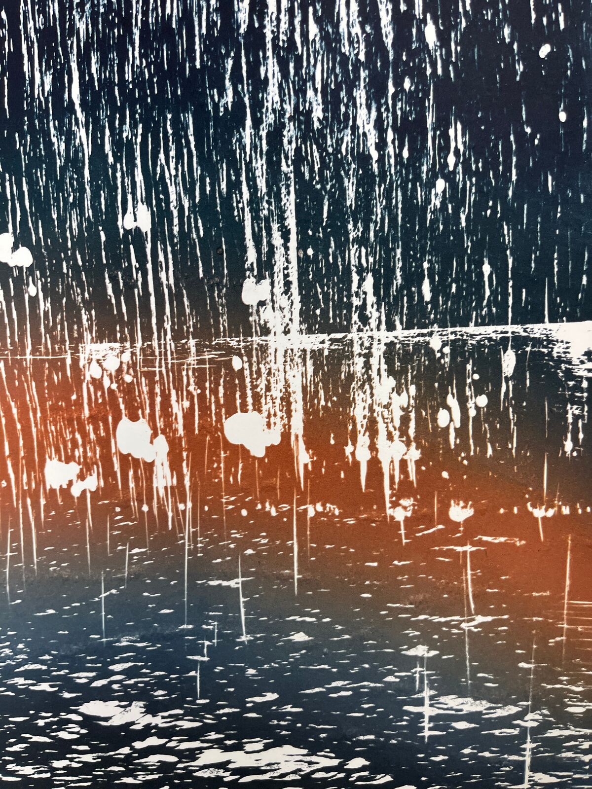 A vertical abstract composition featuring cascading white lines against a dark background, transitioning into an orange and blue gradient at the bottom.