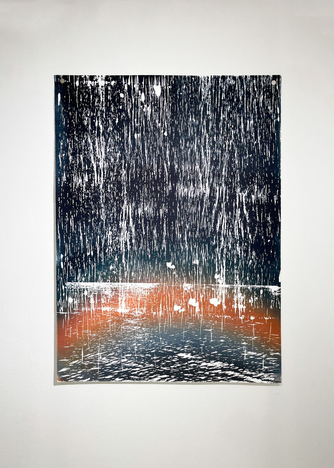 A vertical abstract composition featuring cascading white lines against a dark background, transitioning into an orange and blue gradient at the bottom.