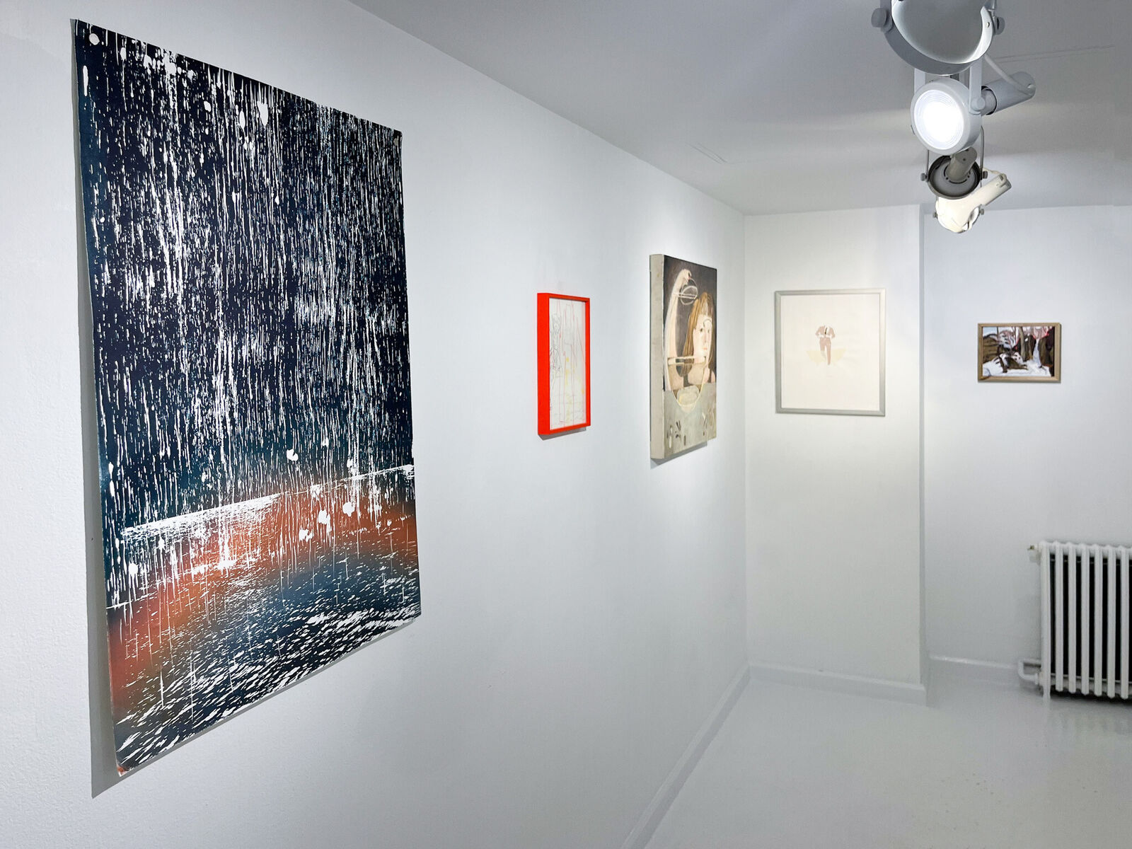A vertical abstract composition featuring cascading white lines against a dark background, transitioning into an orange and blue gradient at the bottom.