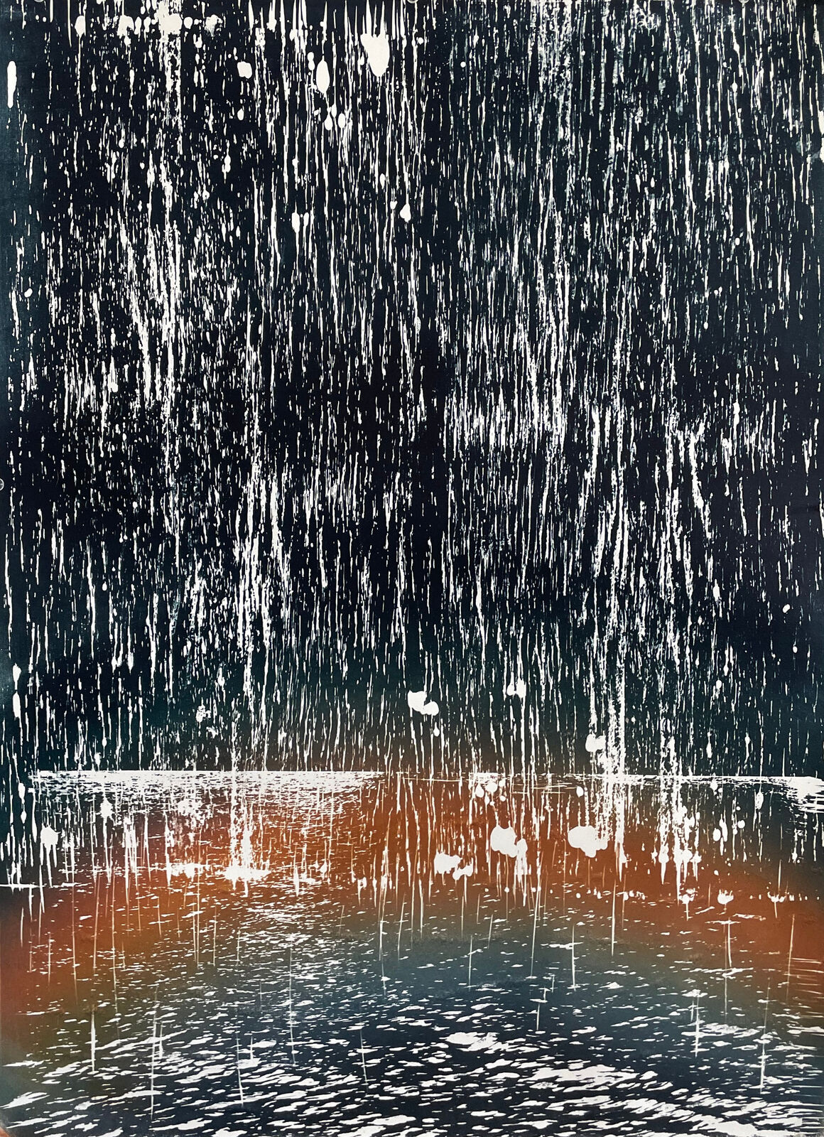 A vertical abstract composition featuring cascading white lines against a dark background, transitioning into an orange and blue gradient at the bottom.
