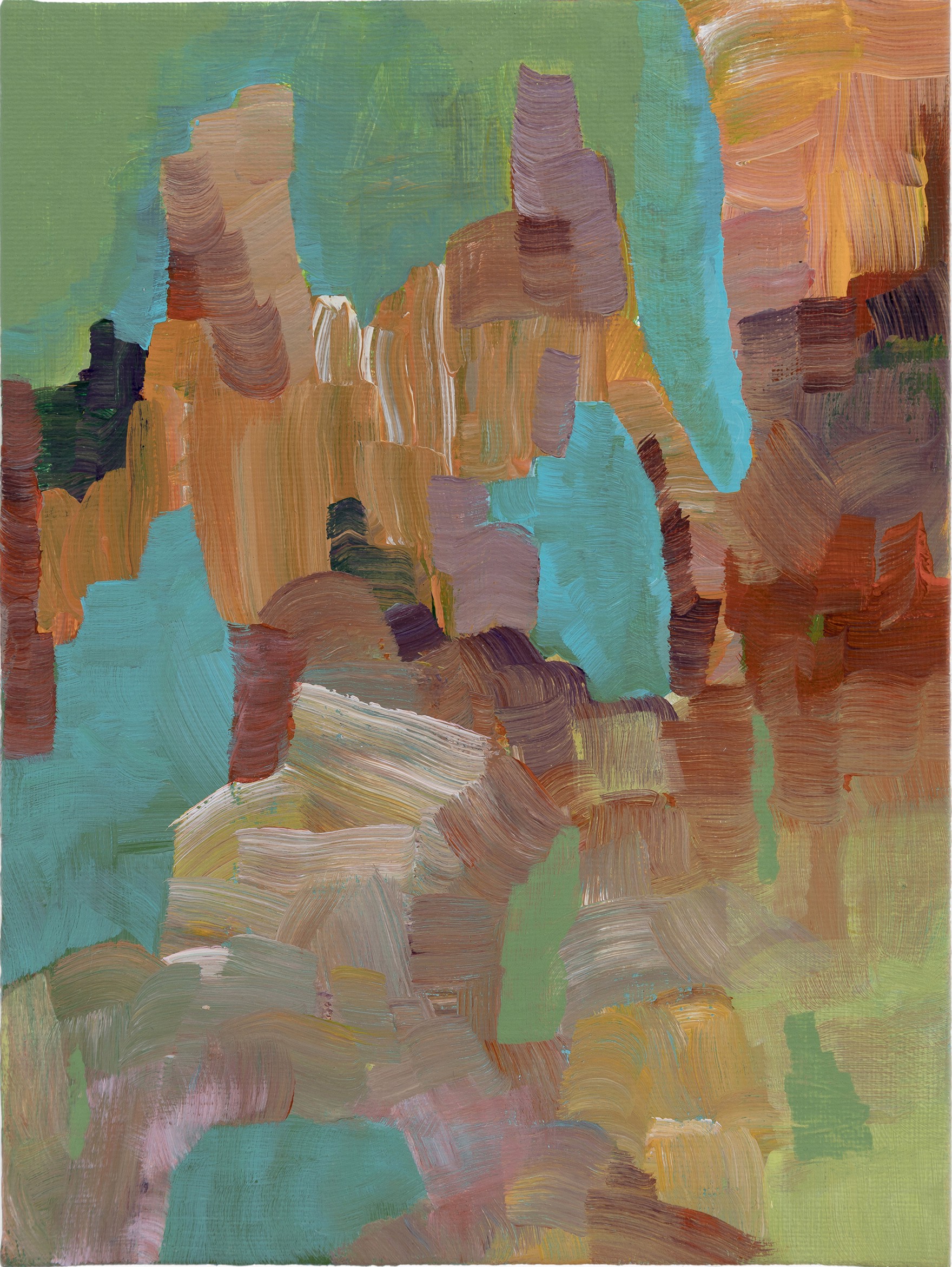 A painting of a landscape with a green background. 