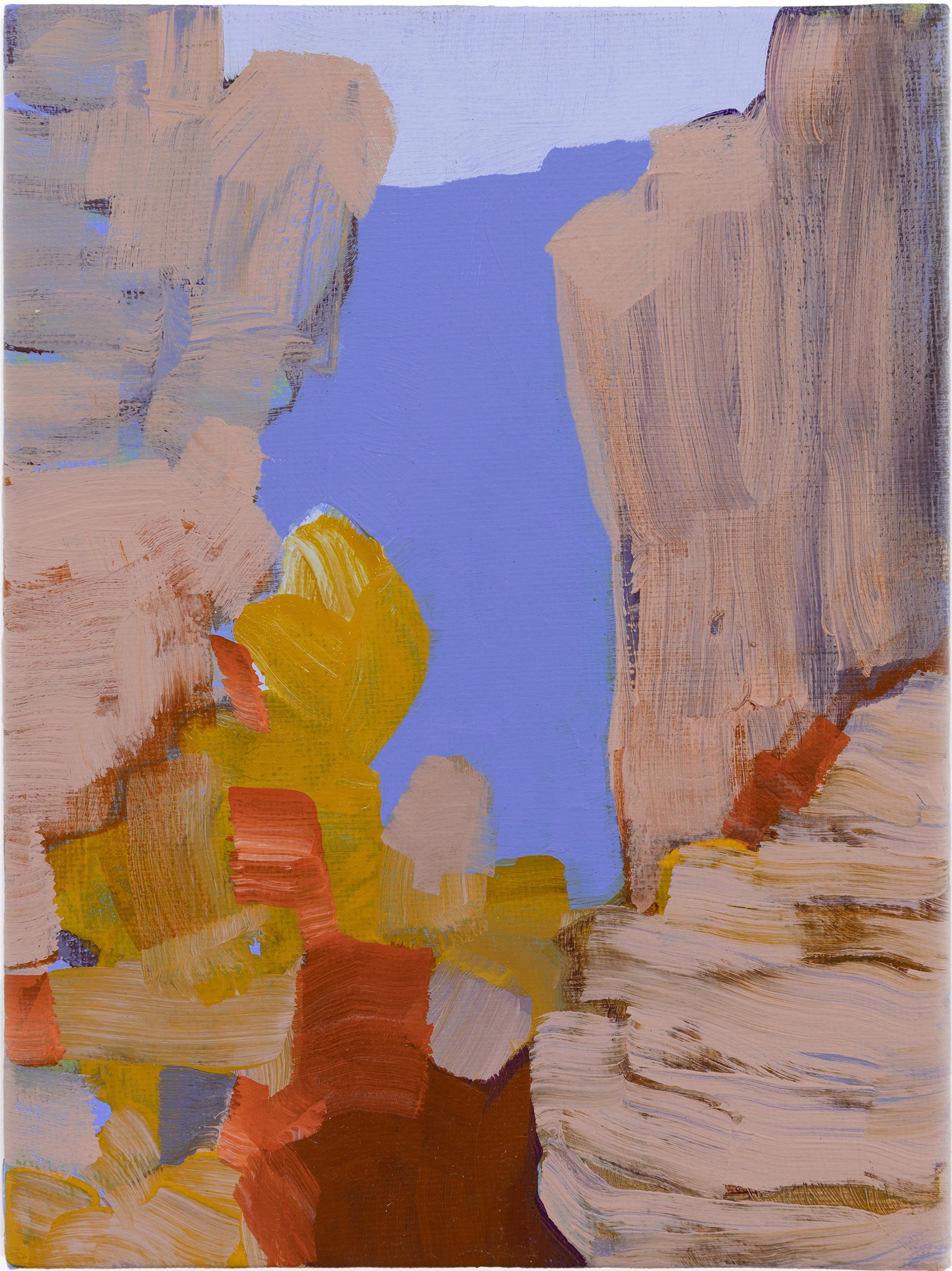 A painting of a rock formation with a blue sky in the background.