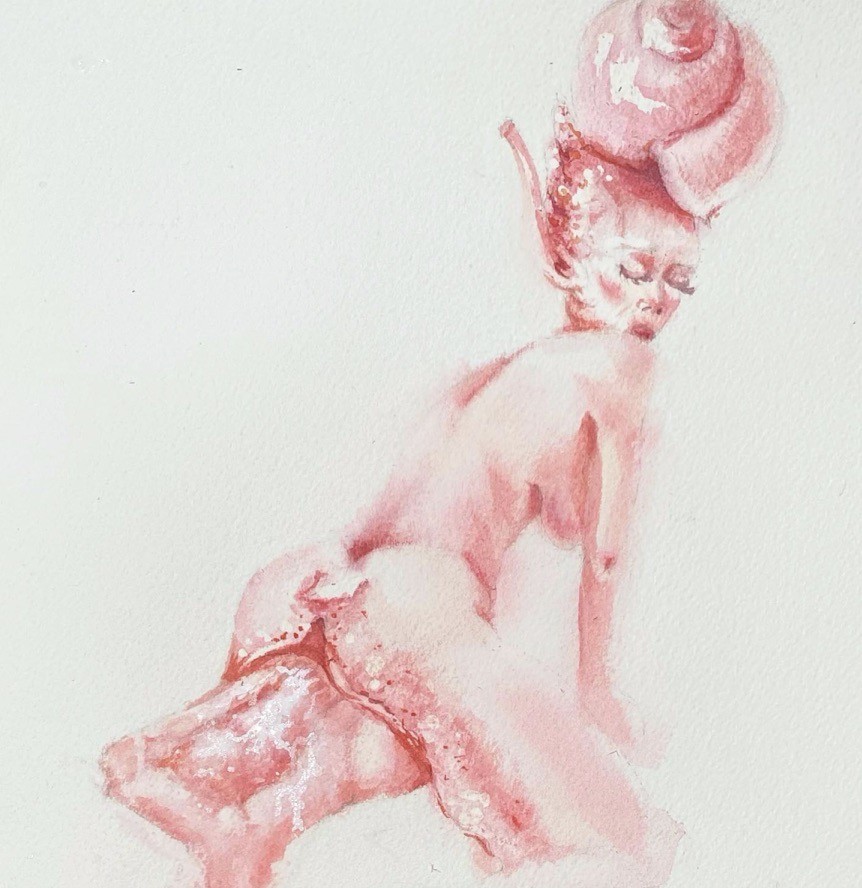 A watercolor painting of a nude woman with a hat on her head.