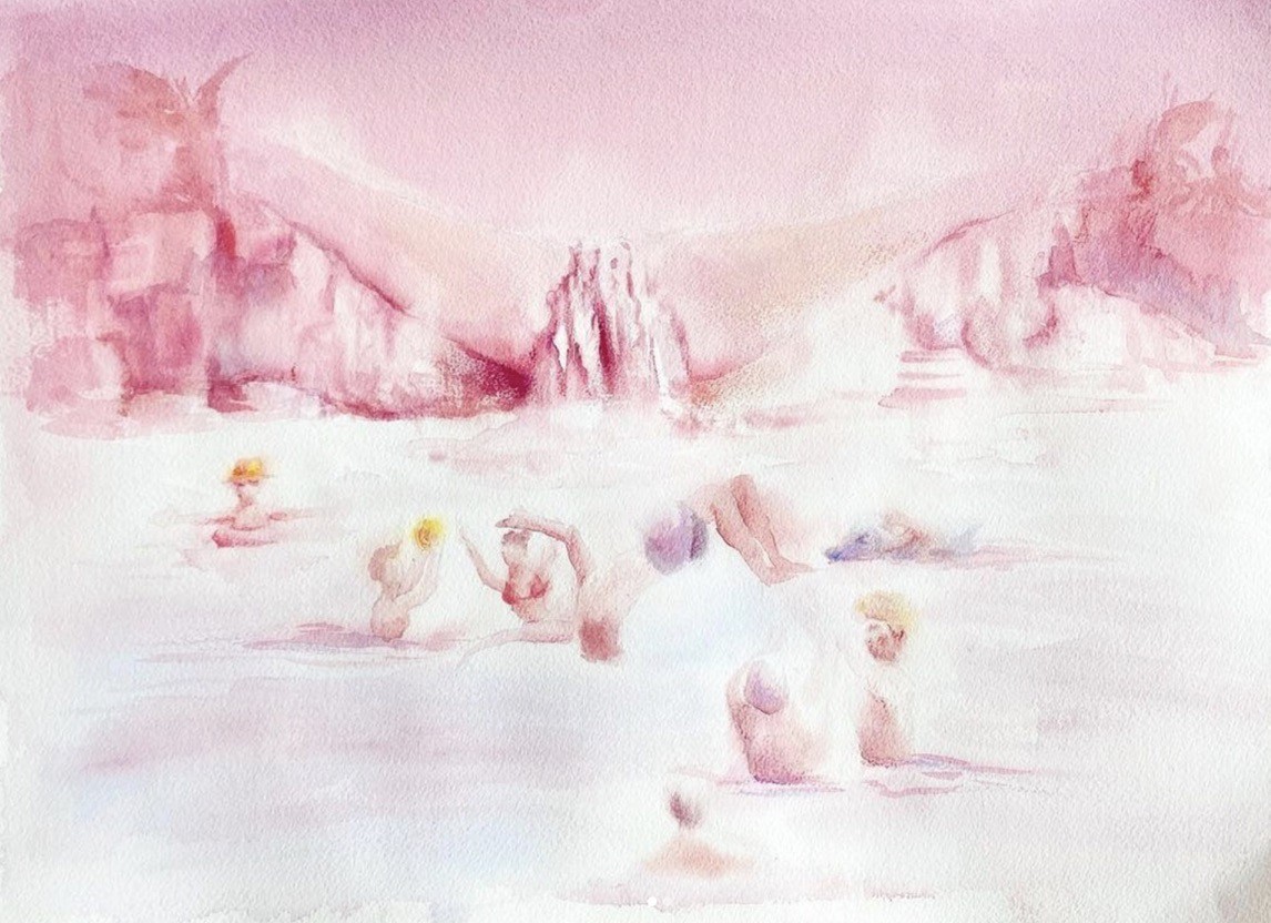 A watercolor painting of a group of people swimming in the water.