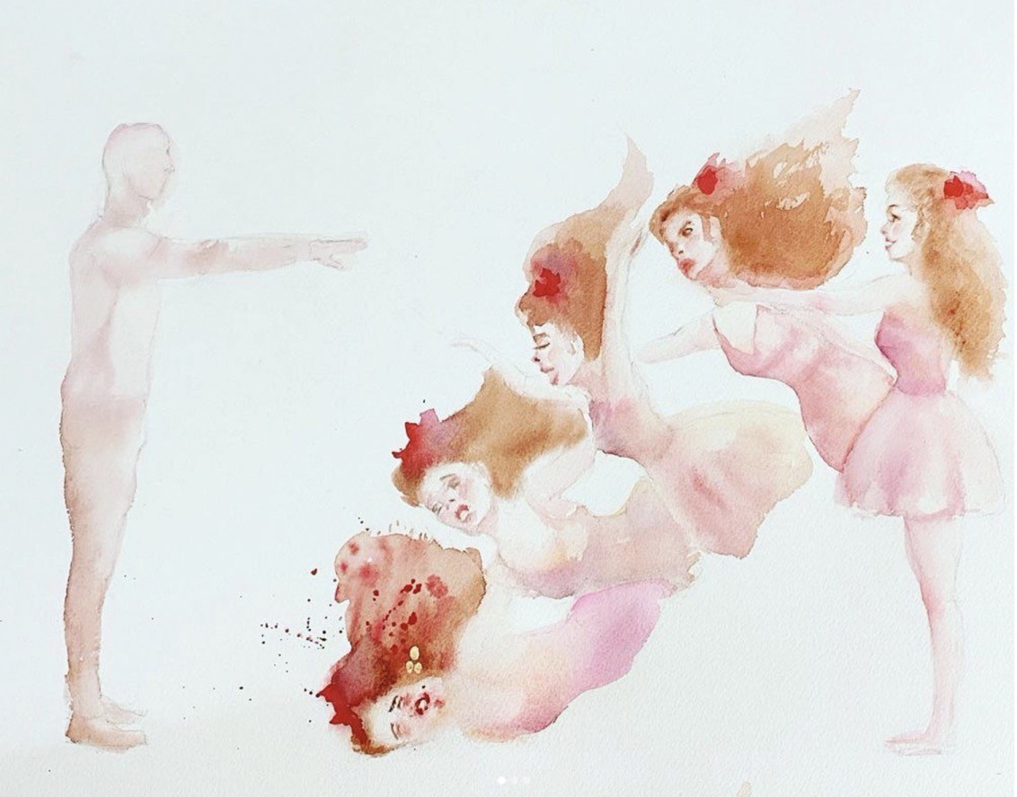 A watercolor painting of a group of dancers in pink dresses.