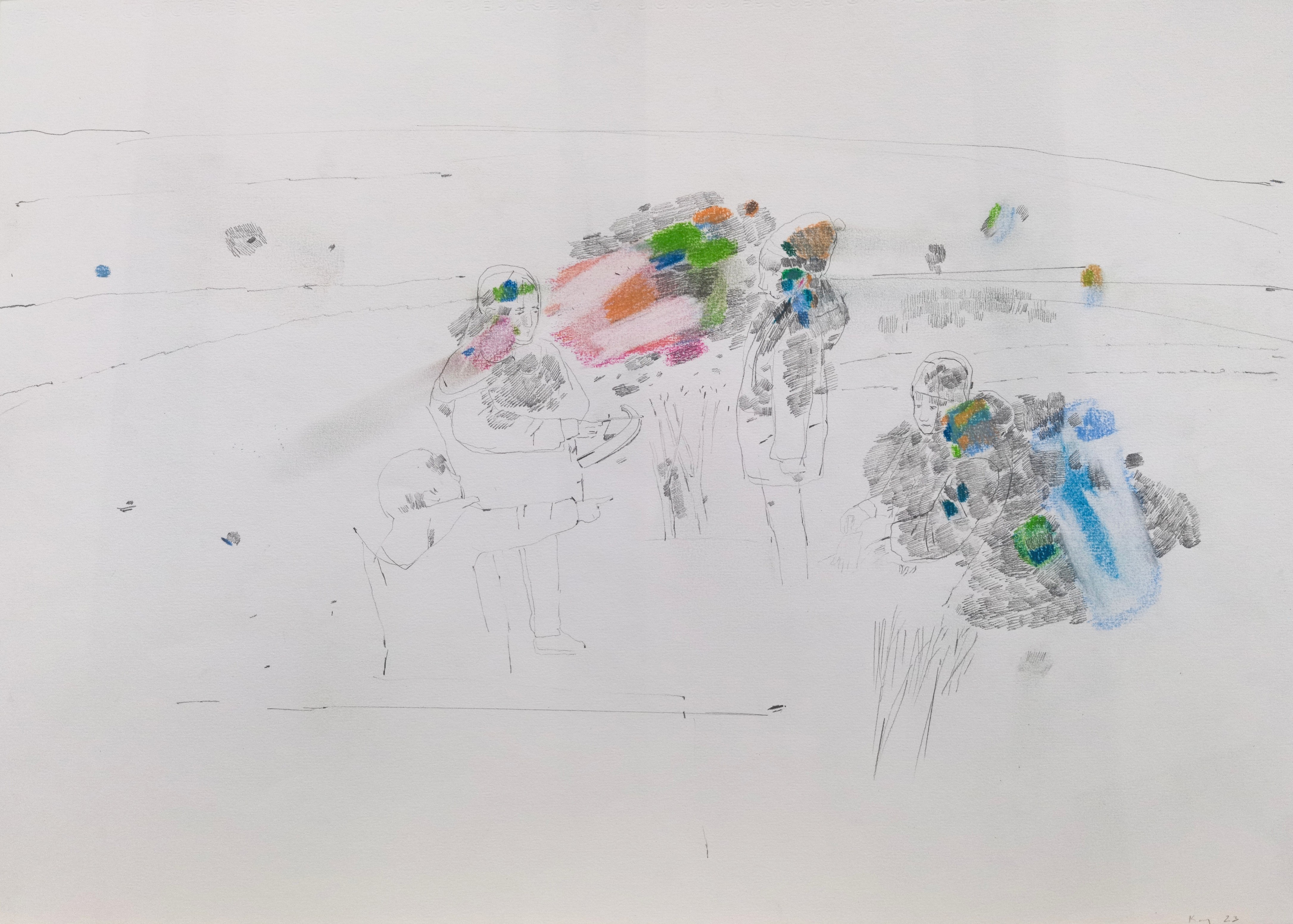 A drawing of a group of people in a field.