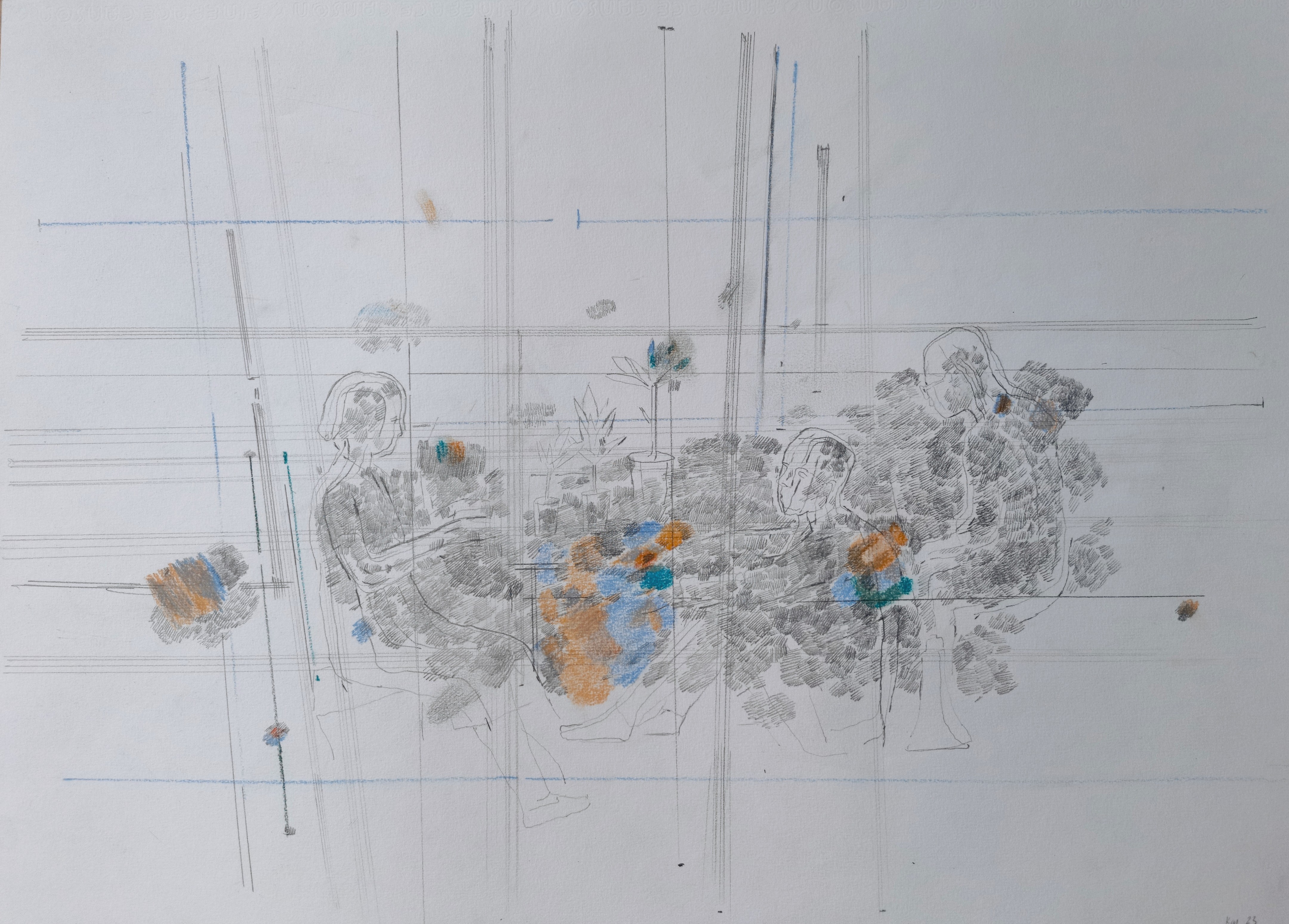 A drawing of a group of people sitting around a table.