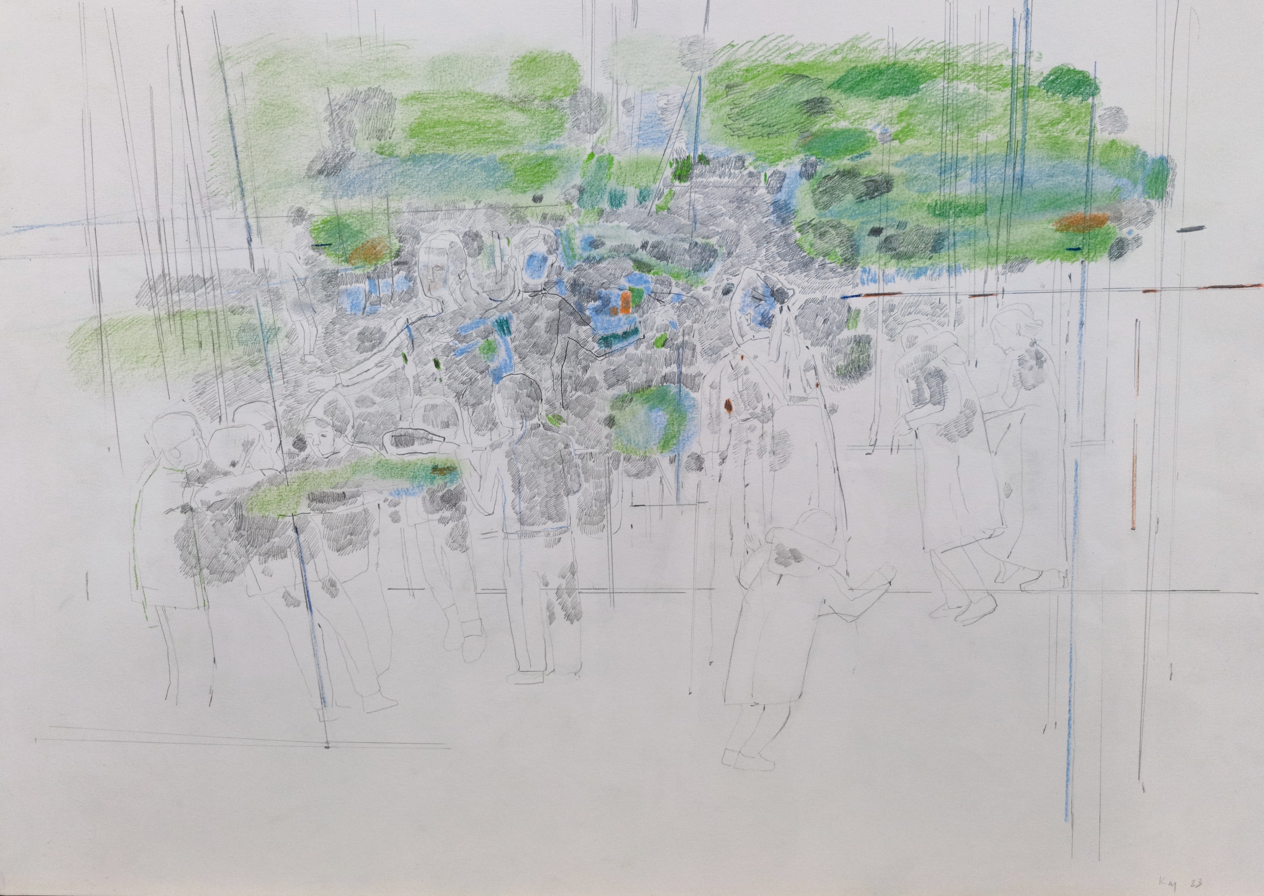 A drawing of a group of people walking through a park.