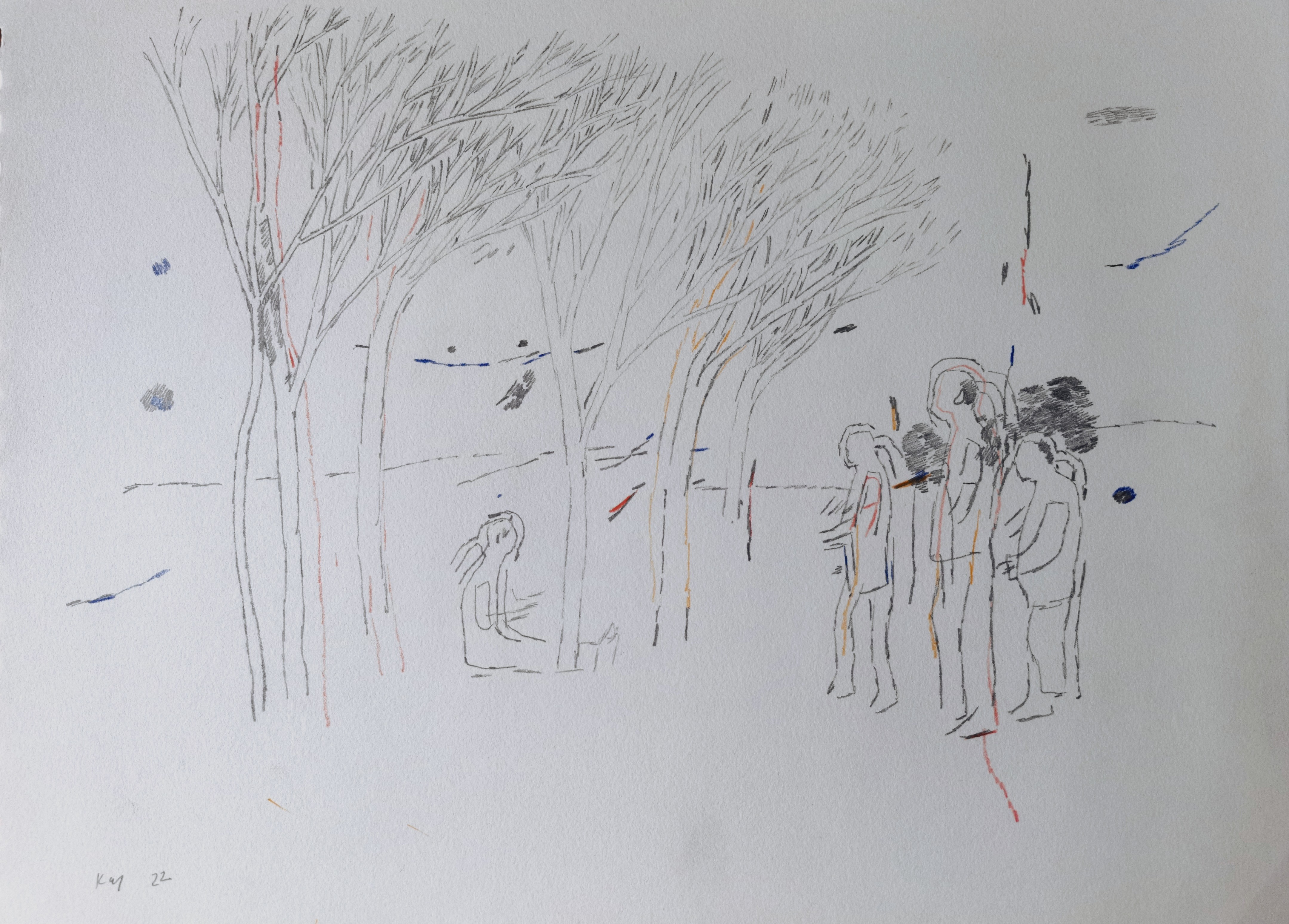 A drawing of a group of people standing in the snow.