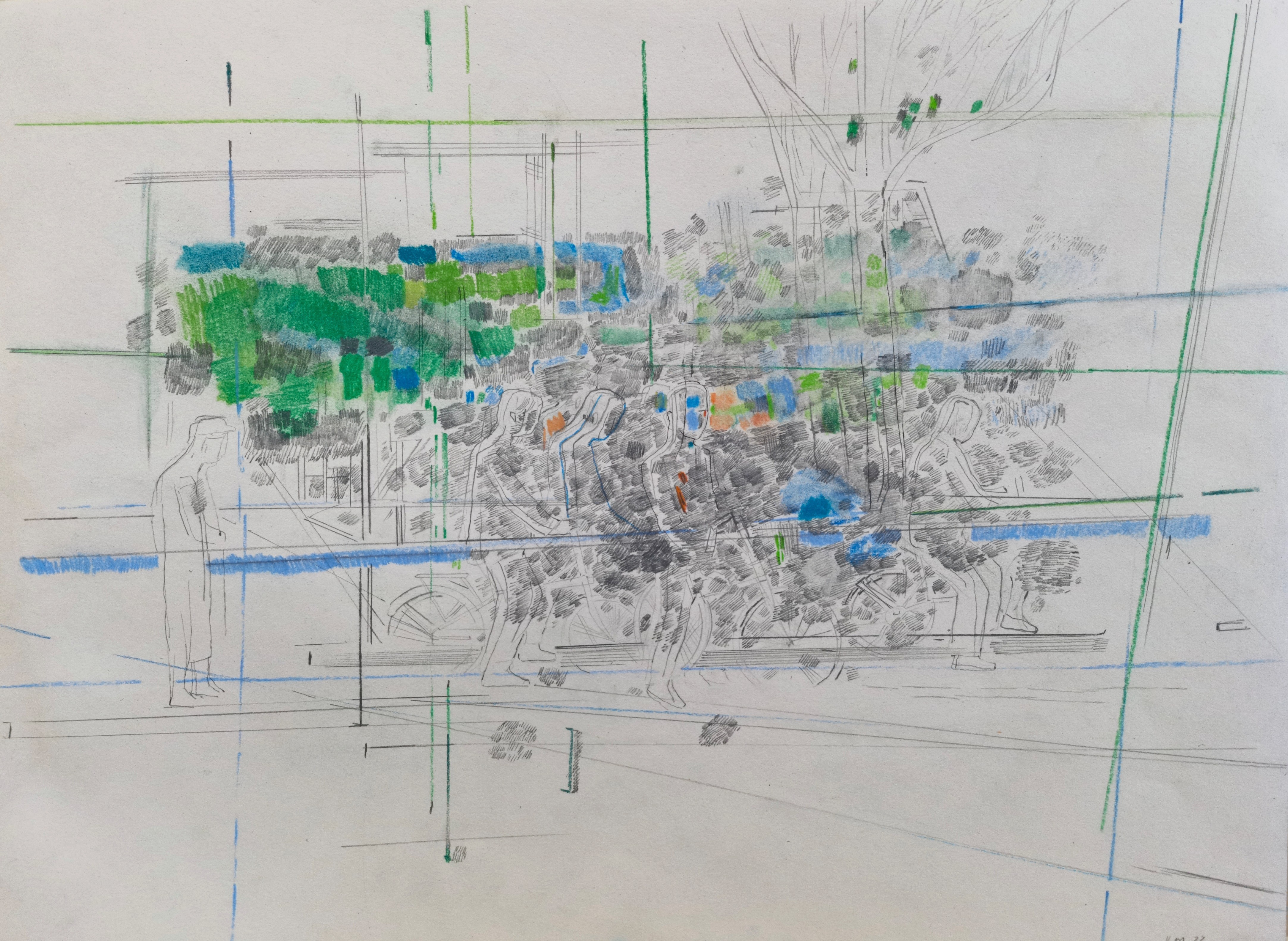 A drawing of a cityscape with trees and people.