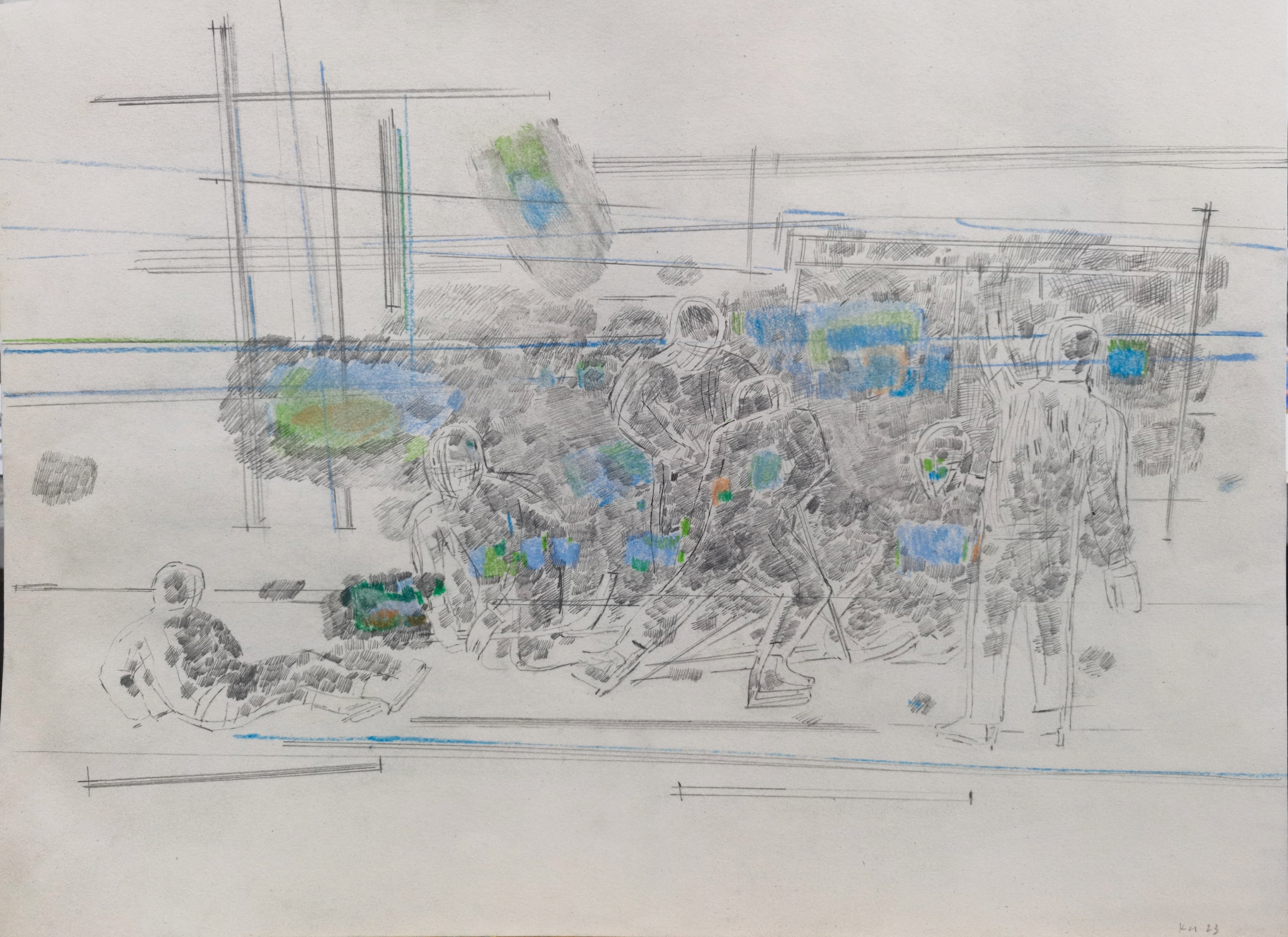 A drawing of a group of people sitting on a bench.