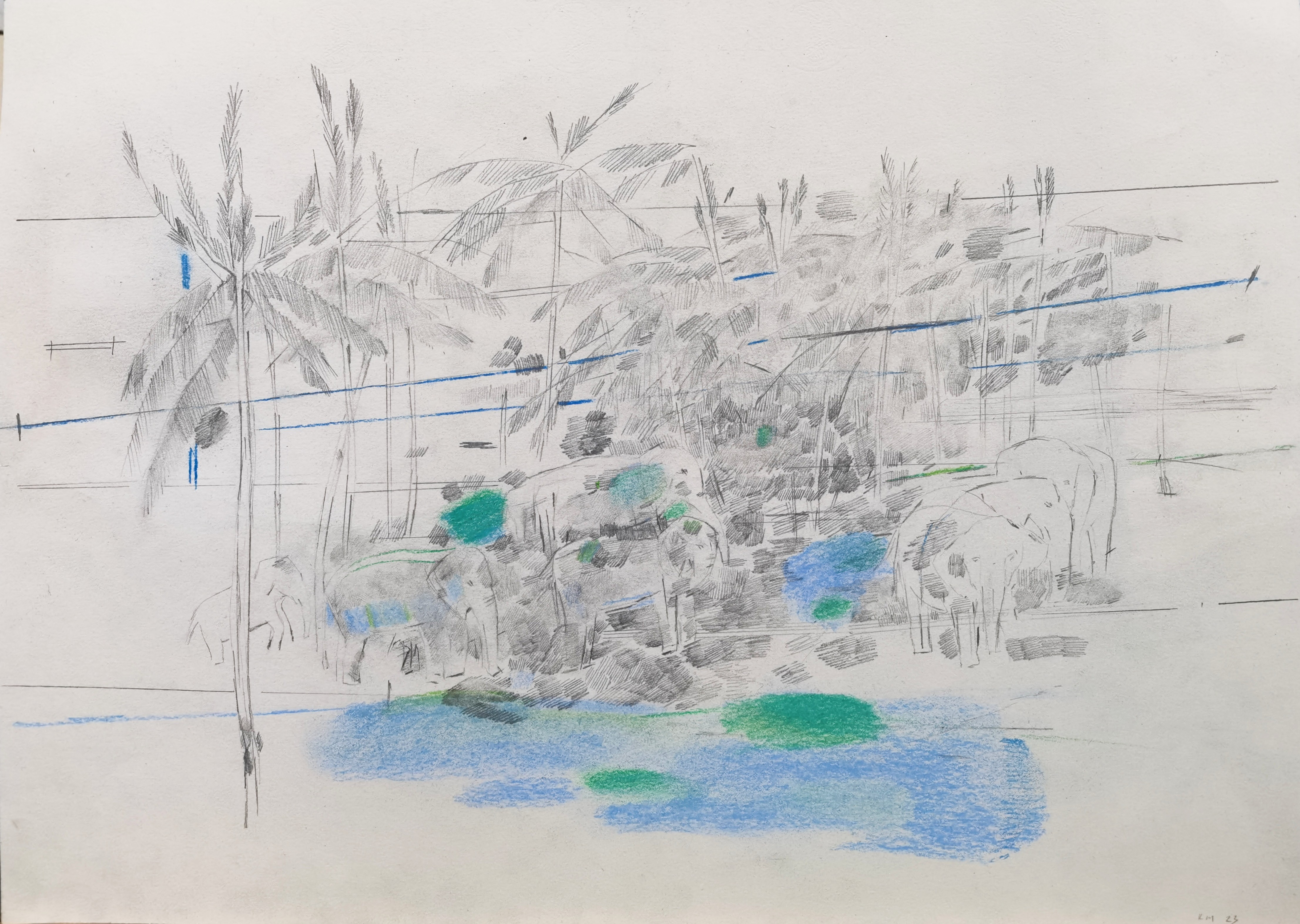 A drawing of a landscape with trees and water.