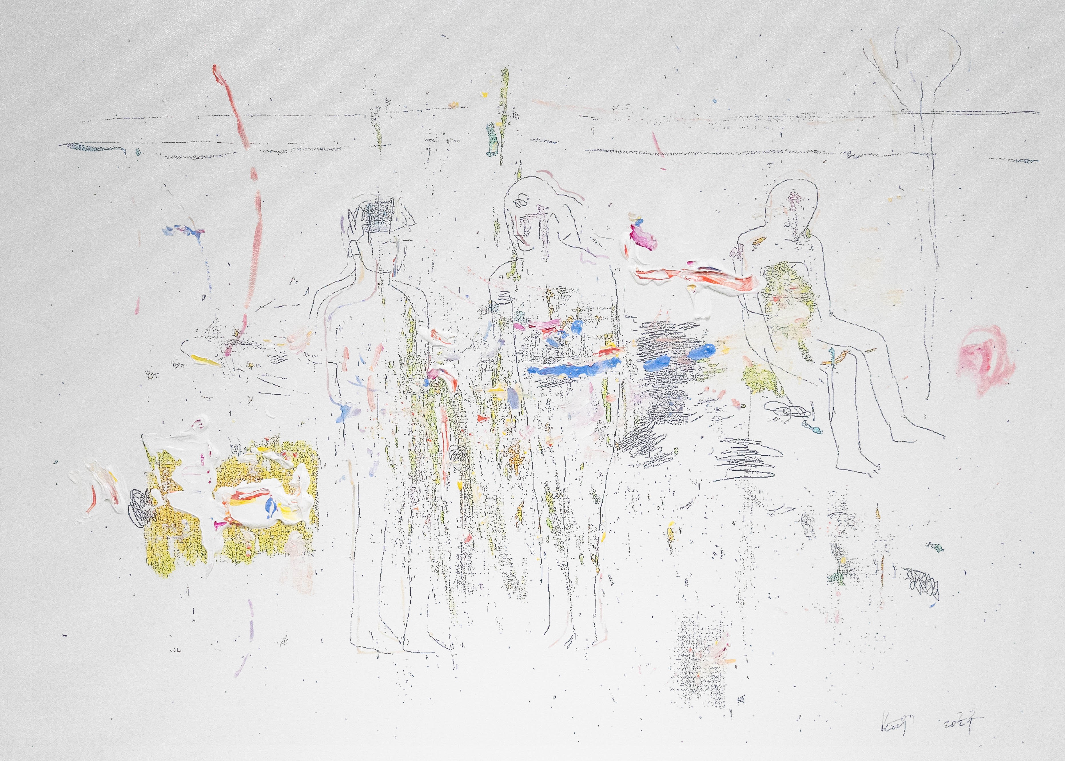 A drawing of a group of people sitting around a table.
