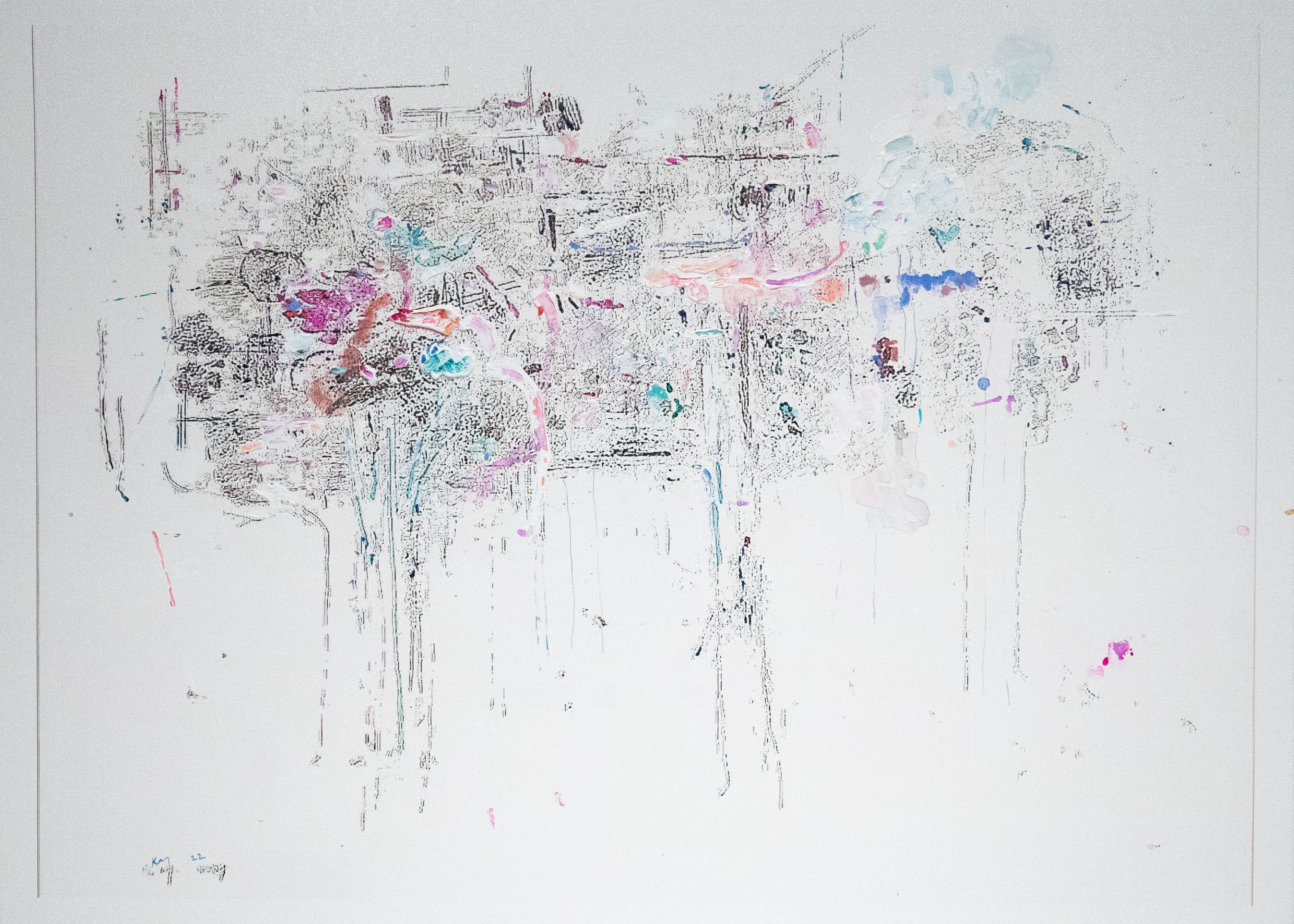 A white painting with lots of paint splatters on it.