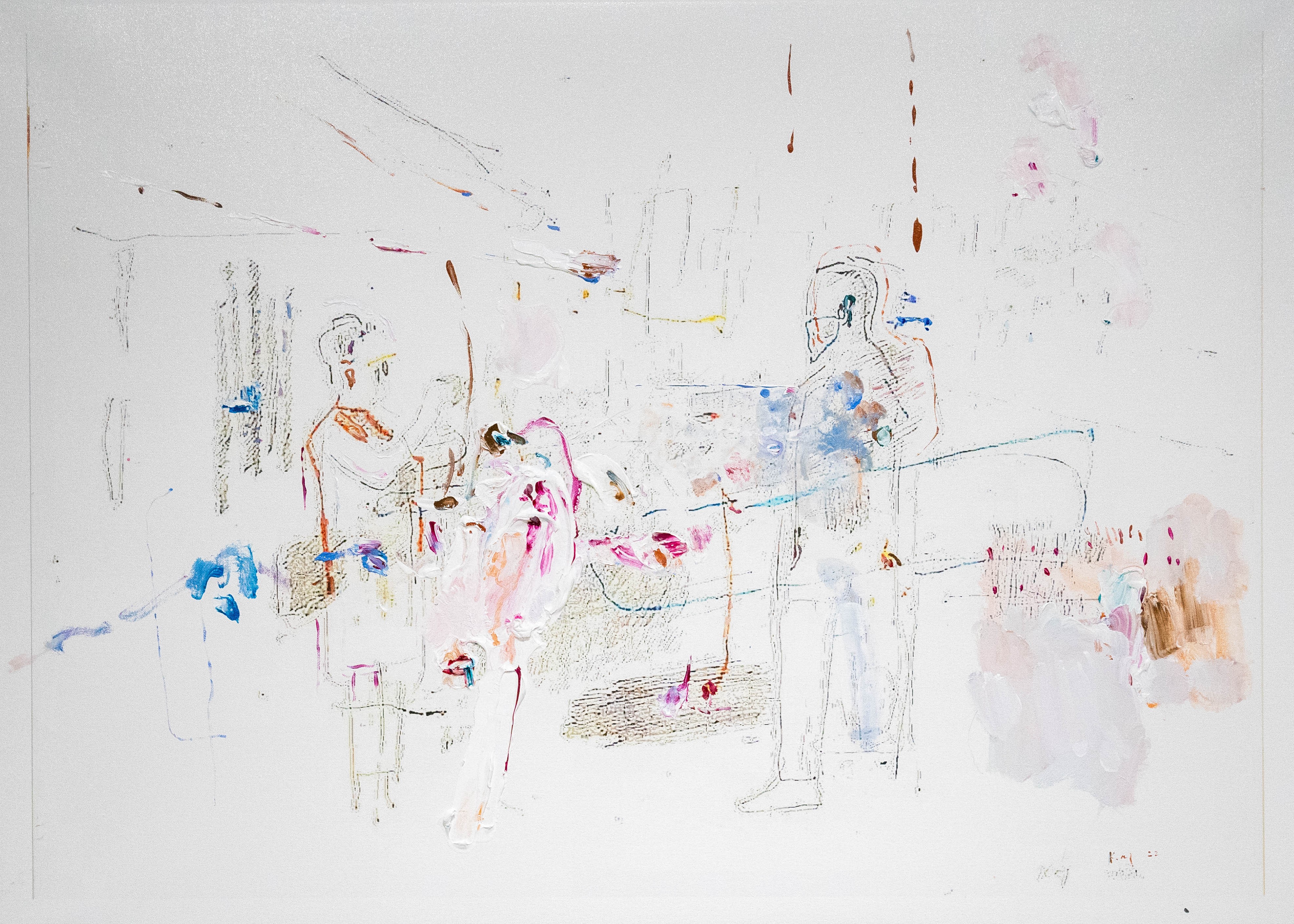 A drawing of a group of people standing in a room.