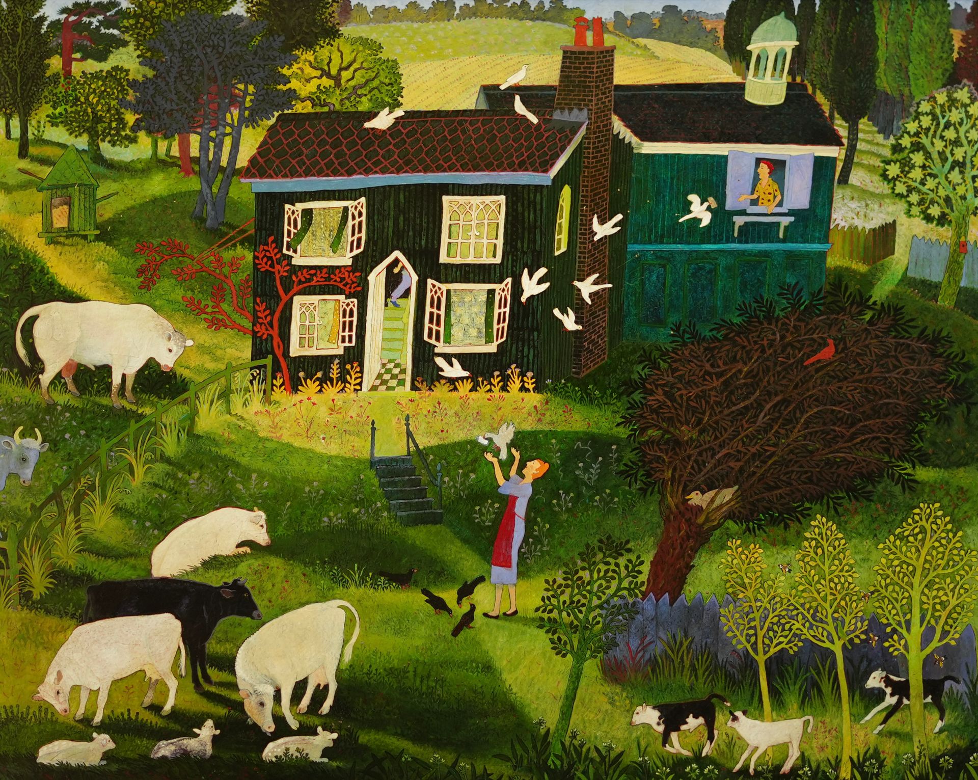 A vibrant pastoral scene featuring a cottage, grazing cattle, and a figure feeding birds.