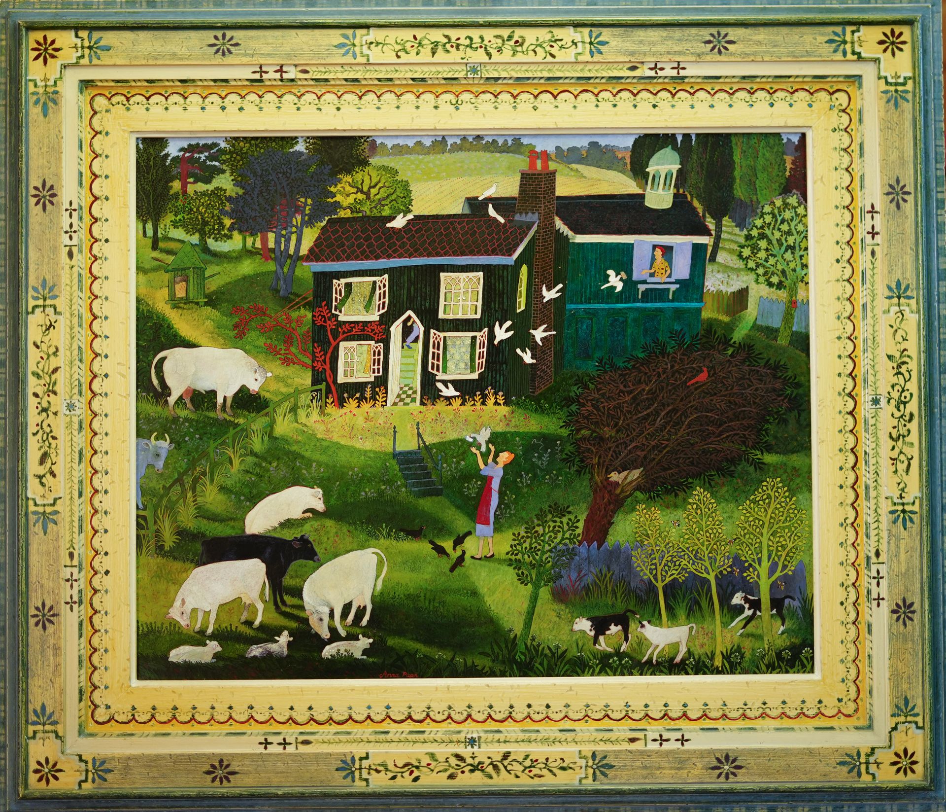 A vibrant pastoral scene featuring a cottage, grazing cattle, and a figure feeding birds.