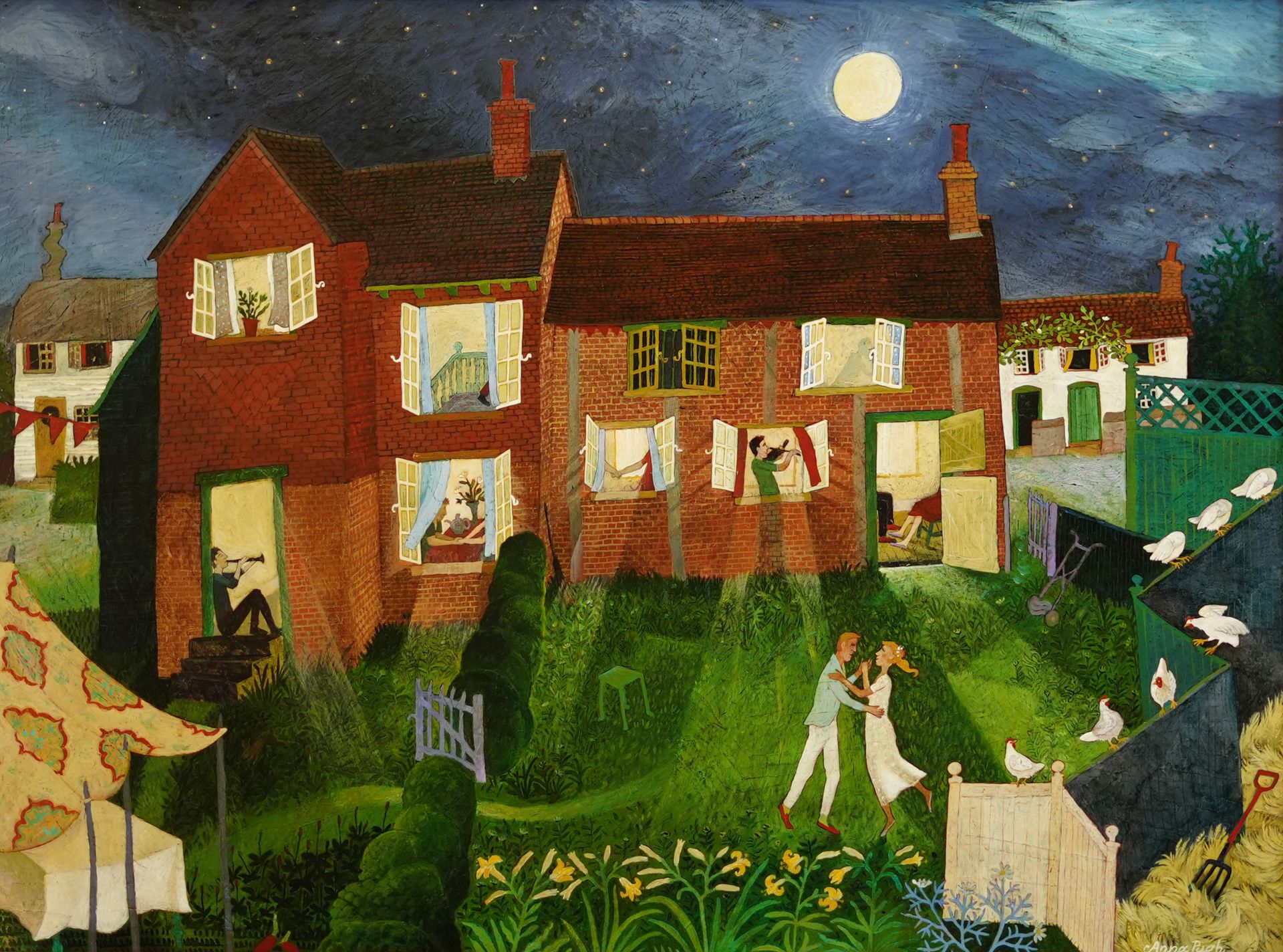 A whimsical night scene of a brick house with glowing windows, a dancing couple in the garden, and a full moon overhead.