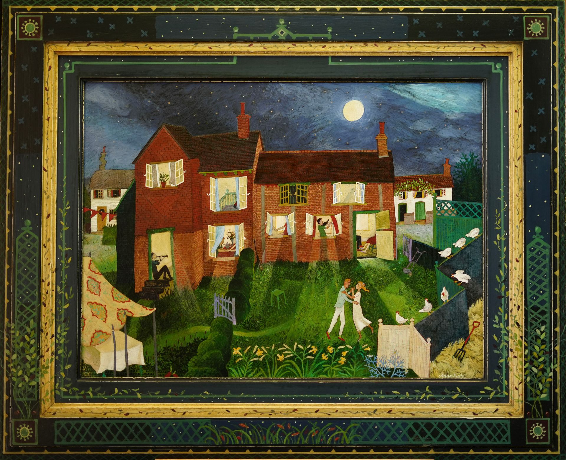 A whimsical night scene of a brick house with glowing windows, a dancing couple in the garden, and a full moon overhead.