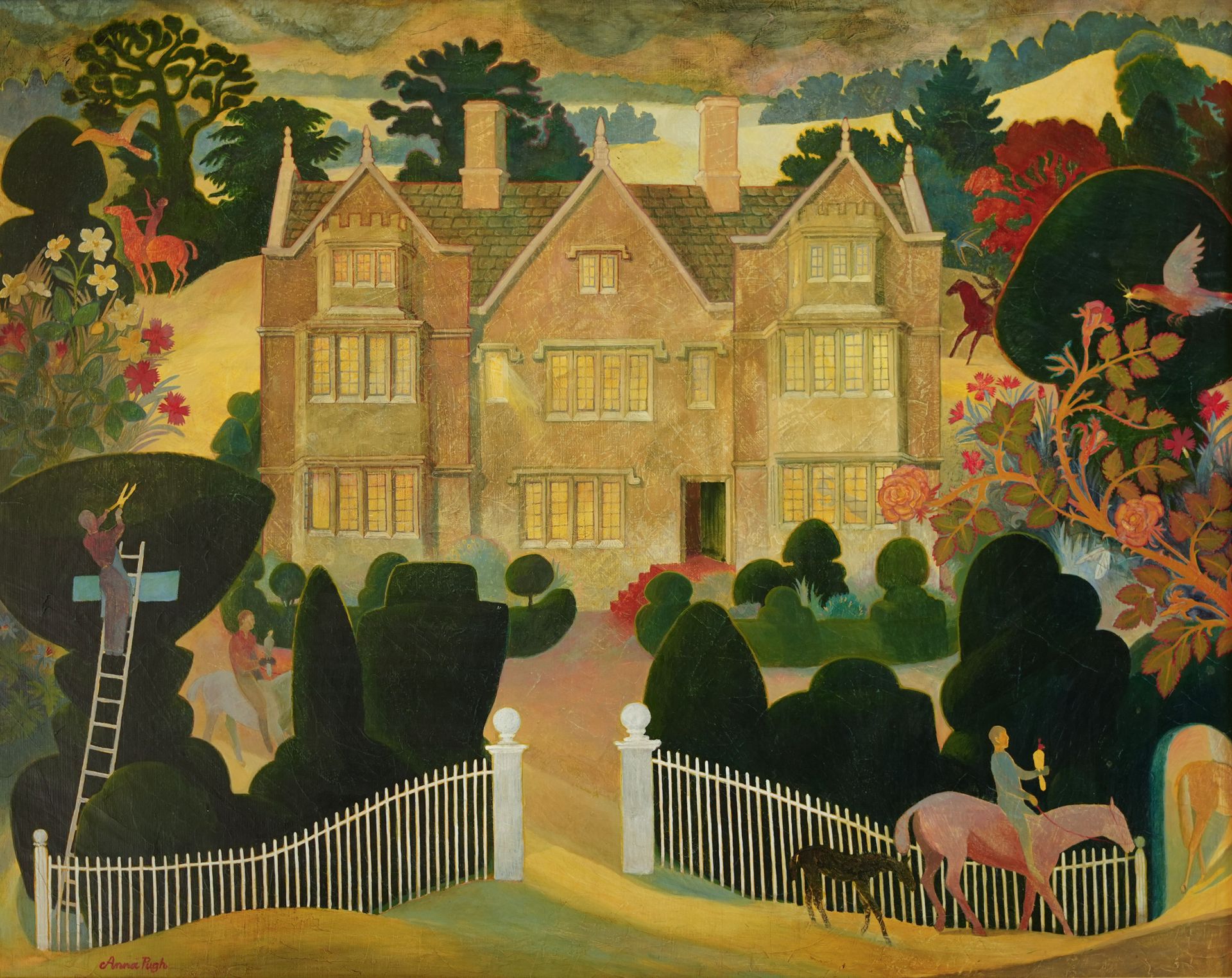A whimsical landscape painting of a grand house surrounded by stylized figures and vibrant colors.
