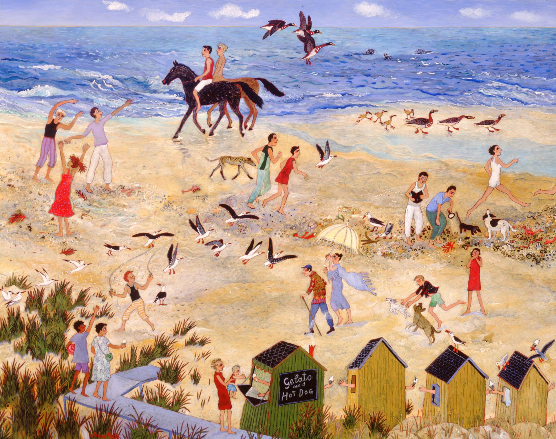 A vibrant, busy beach scene filled with diverse figures and animals.
