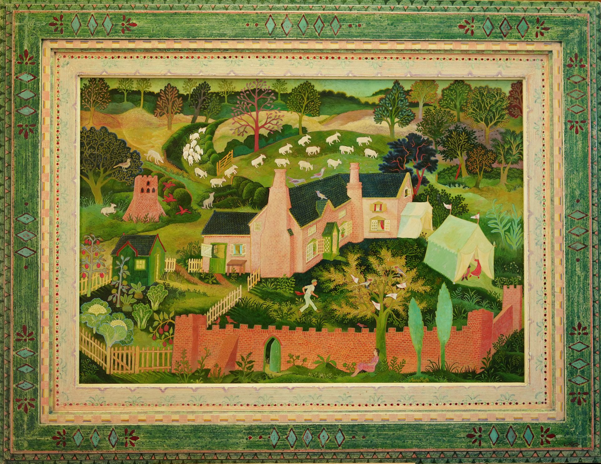 A vibrant, whimsical landscape painting of a rural village scene.