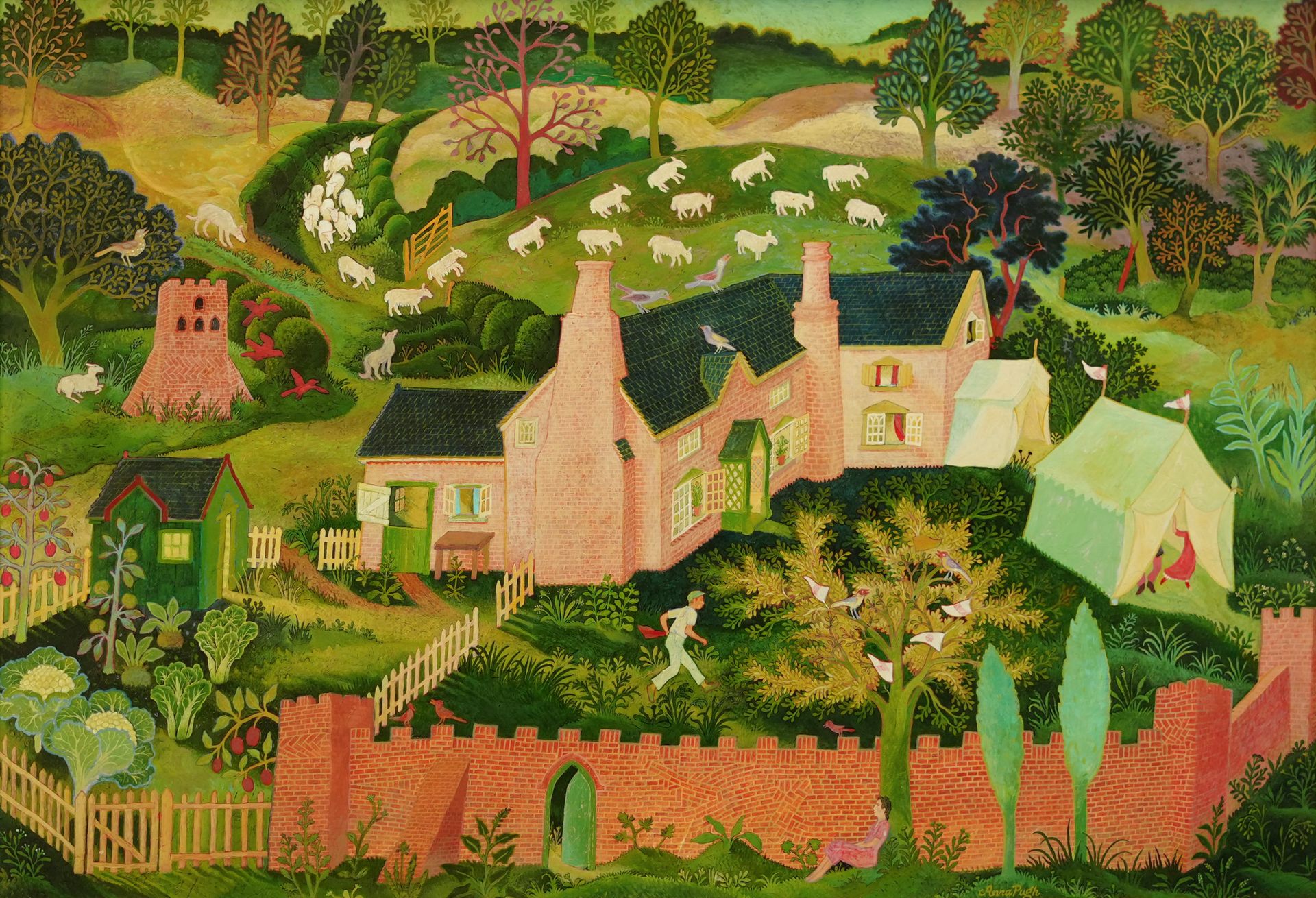 A vibrant, whimsical landscape painting of a rural village scene.