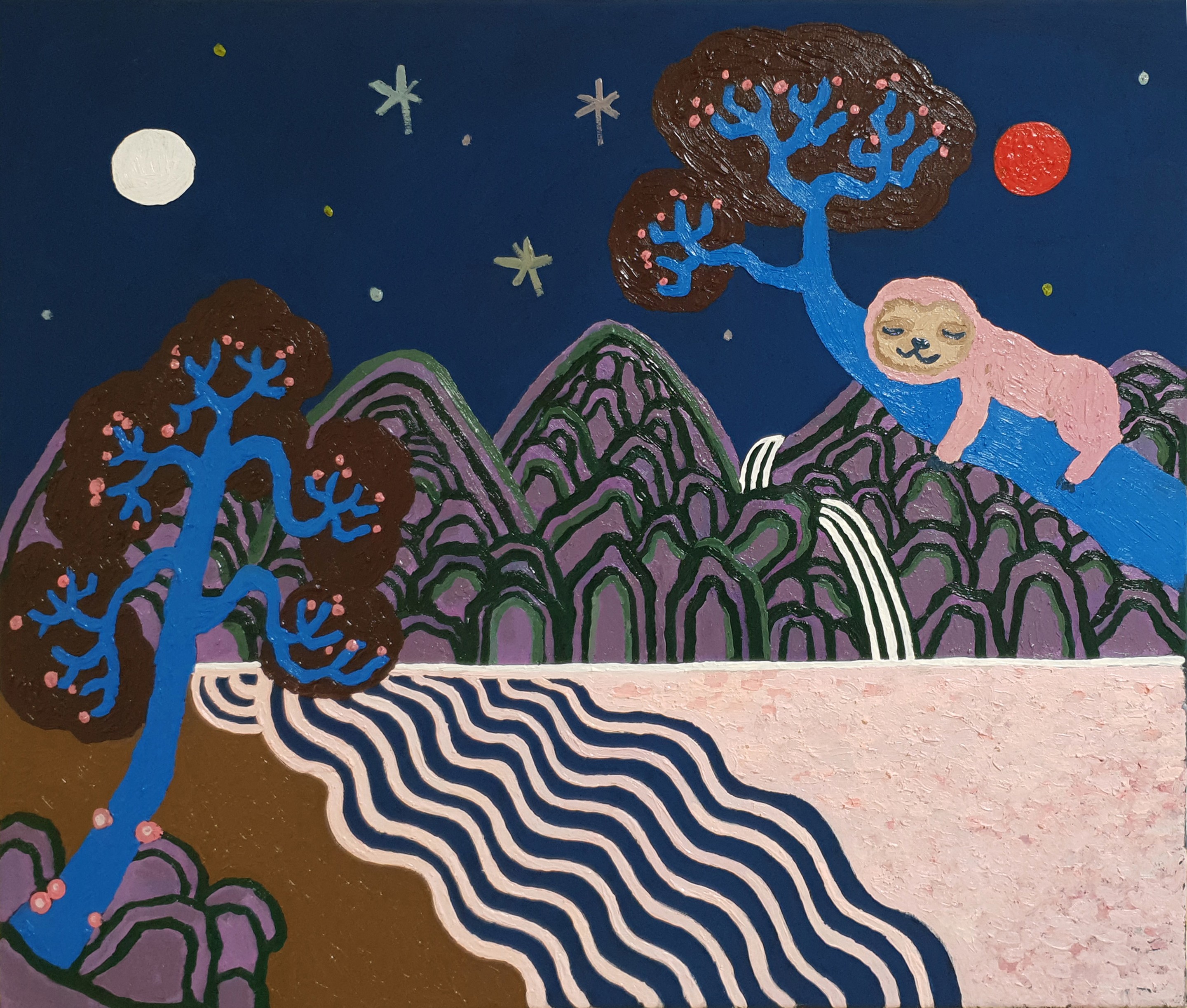 A painting of a sloth hanging from a tree in the middle of a landscape.