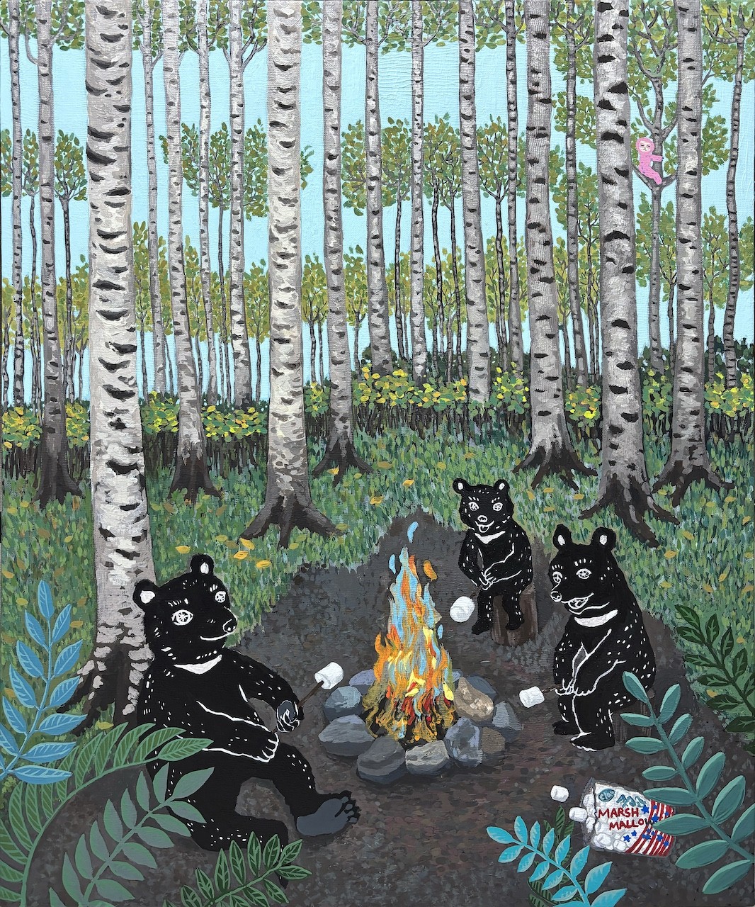 A painting of three bears sitting around a campfire in the woods.
