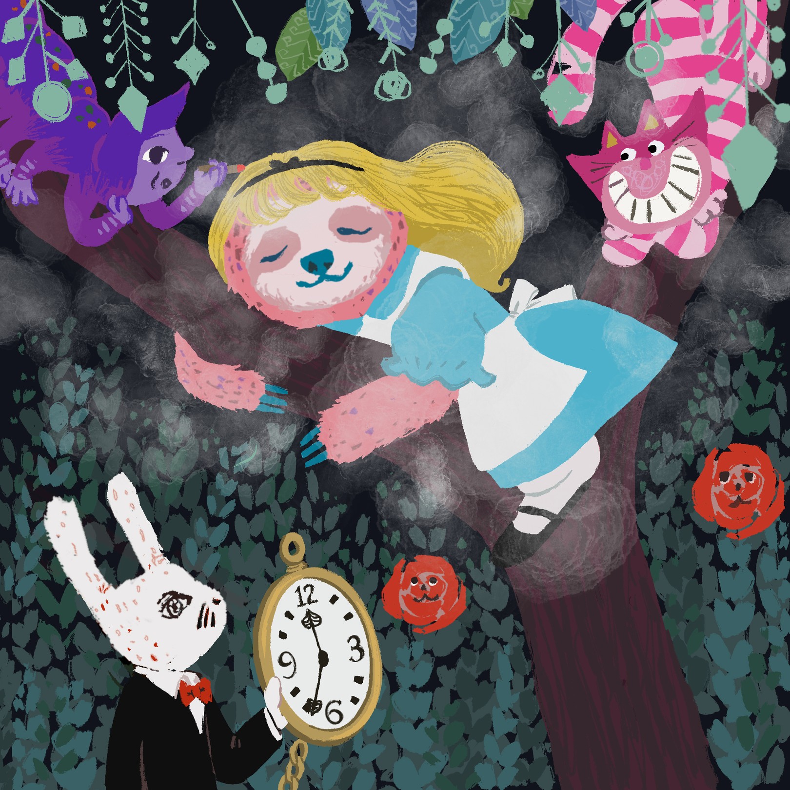 A drawing of a girl sleeping in a tree with a clock and a rabbit.
