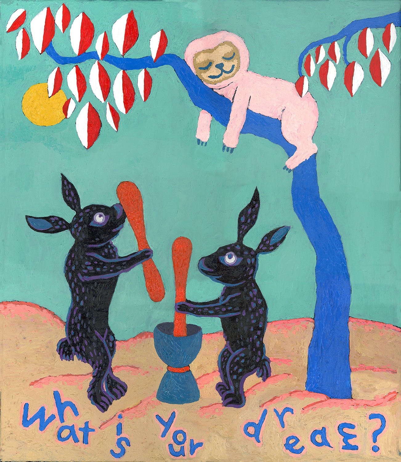 A painting of two black rabbits and a monkey in a tree.