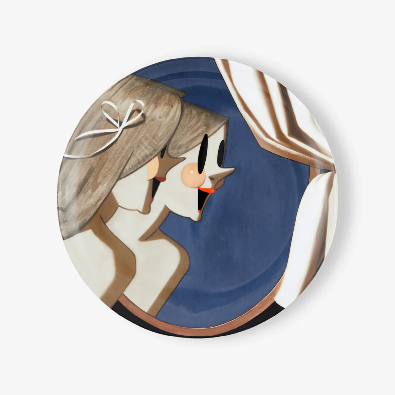 A plate with a painting of a woman looking at herself in the mirror.