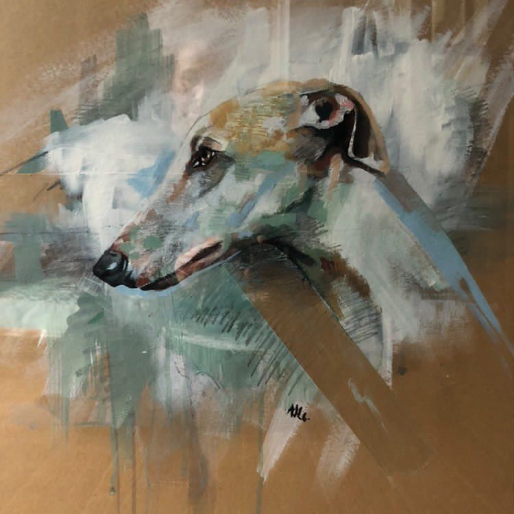 A painting of a greyhound dog on a brown background.