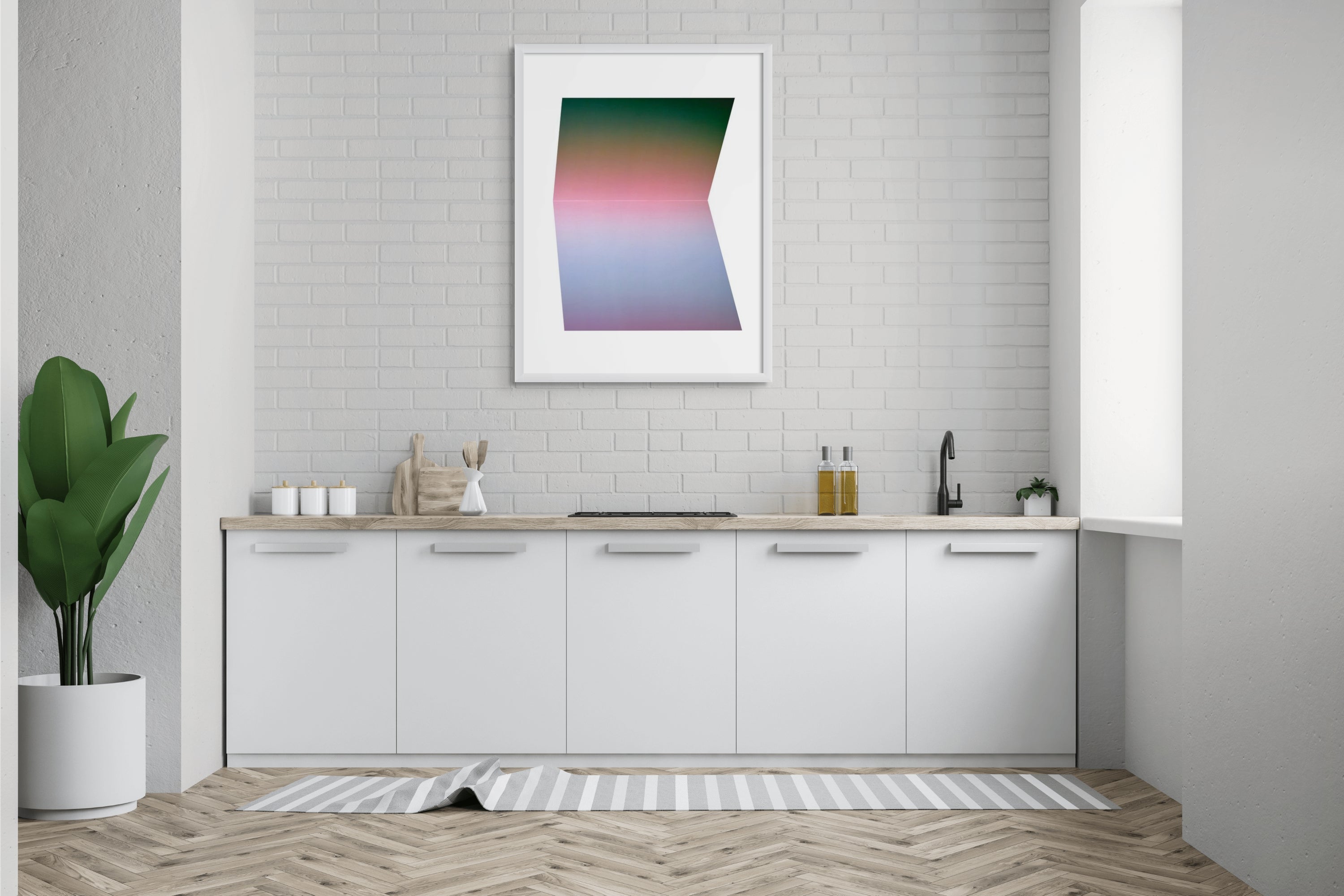 A picture of a pink and green abstract painting on a white background.