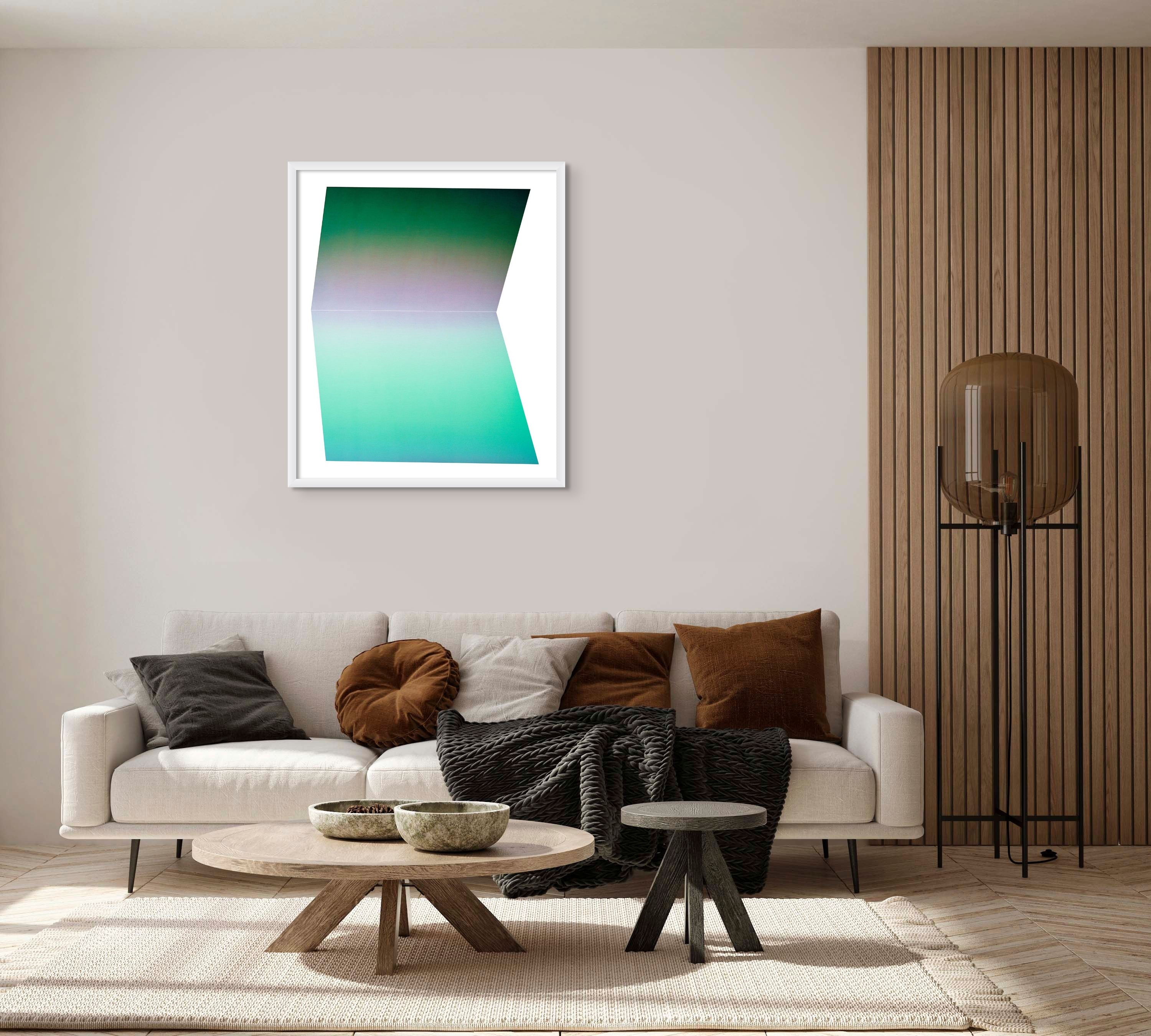 A picture of a green and purple abstract painting on a white background.