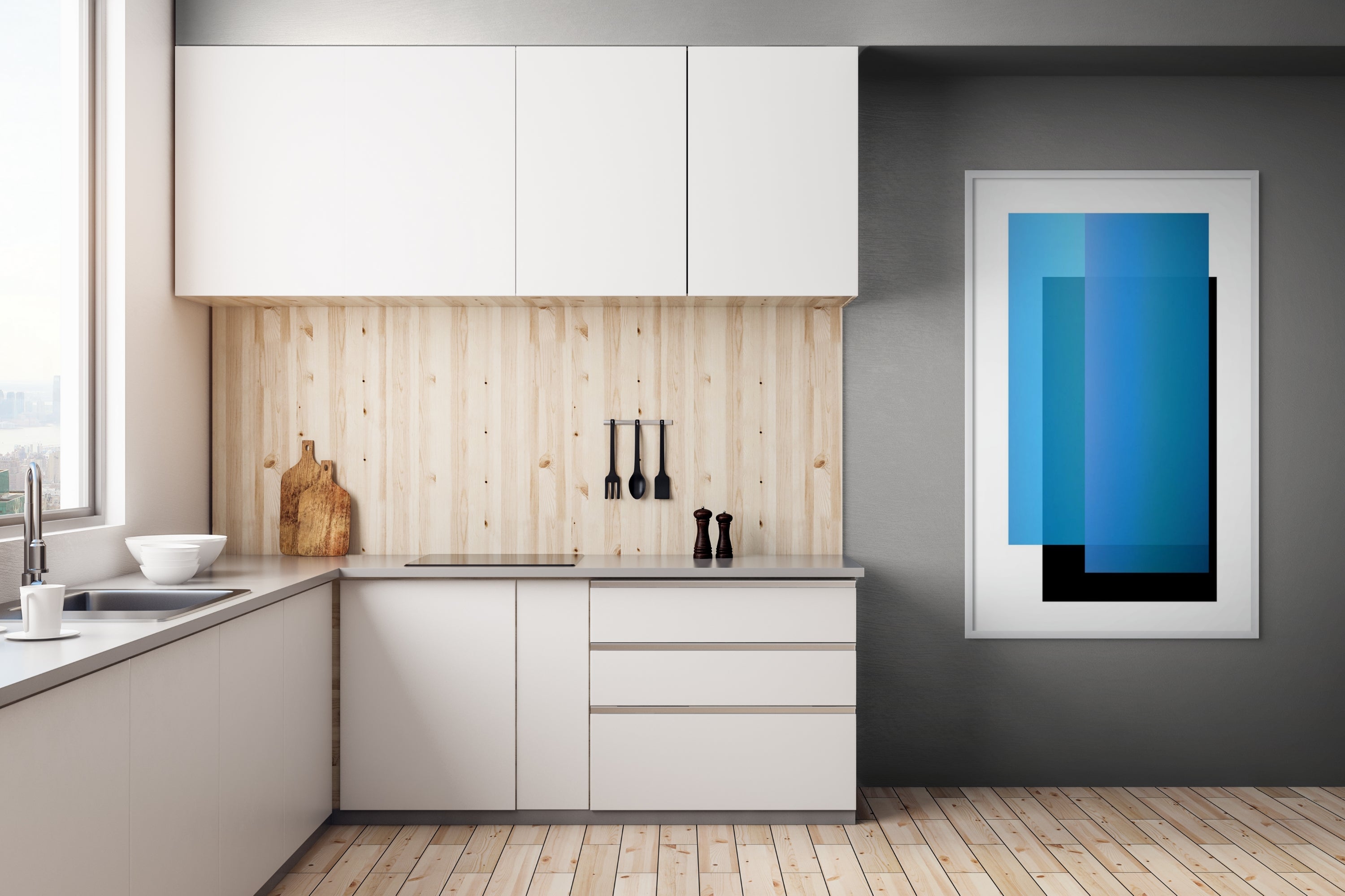 A blue and black square with a white background.