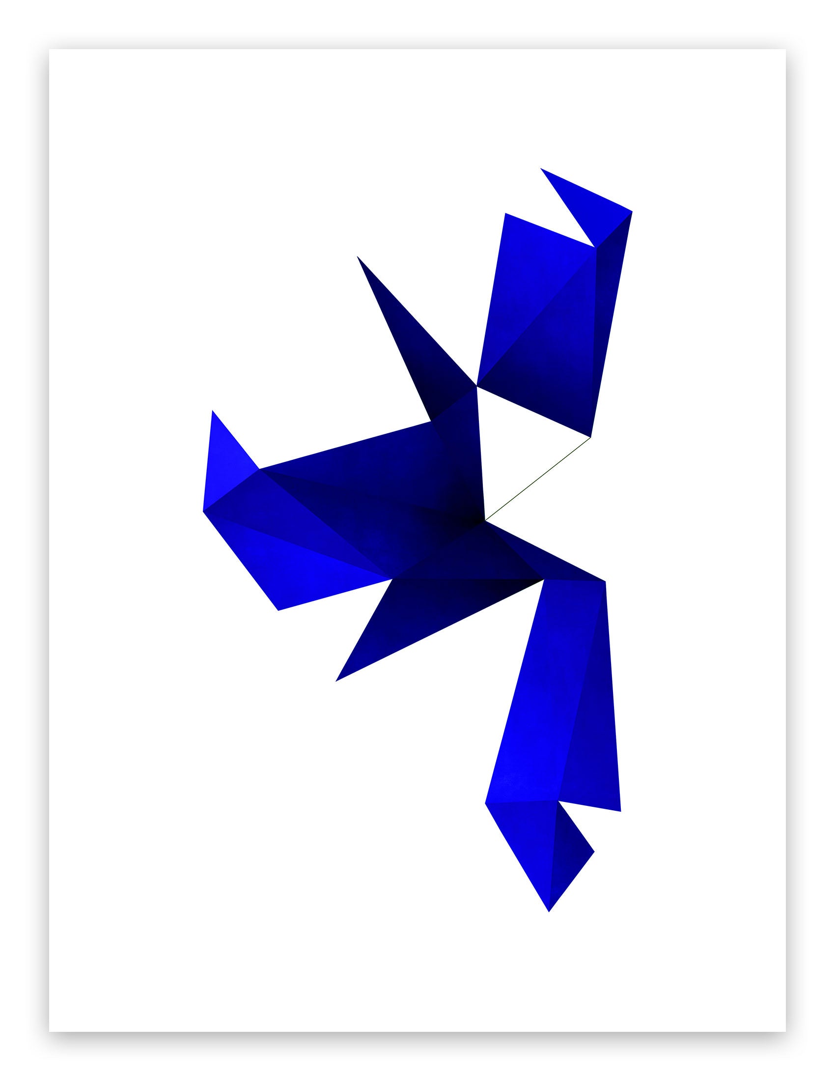A blue origami bird on a white background.