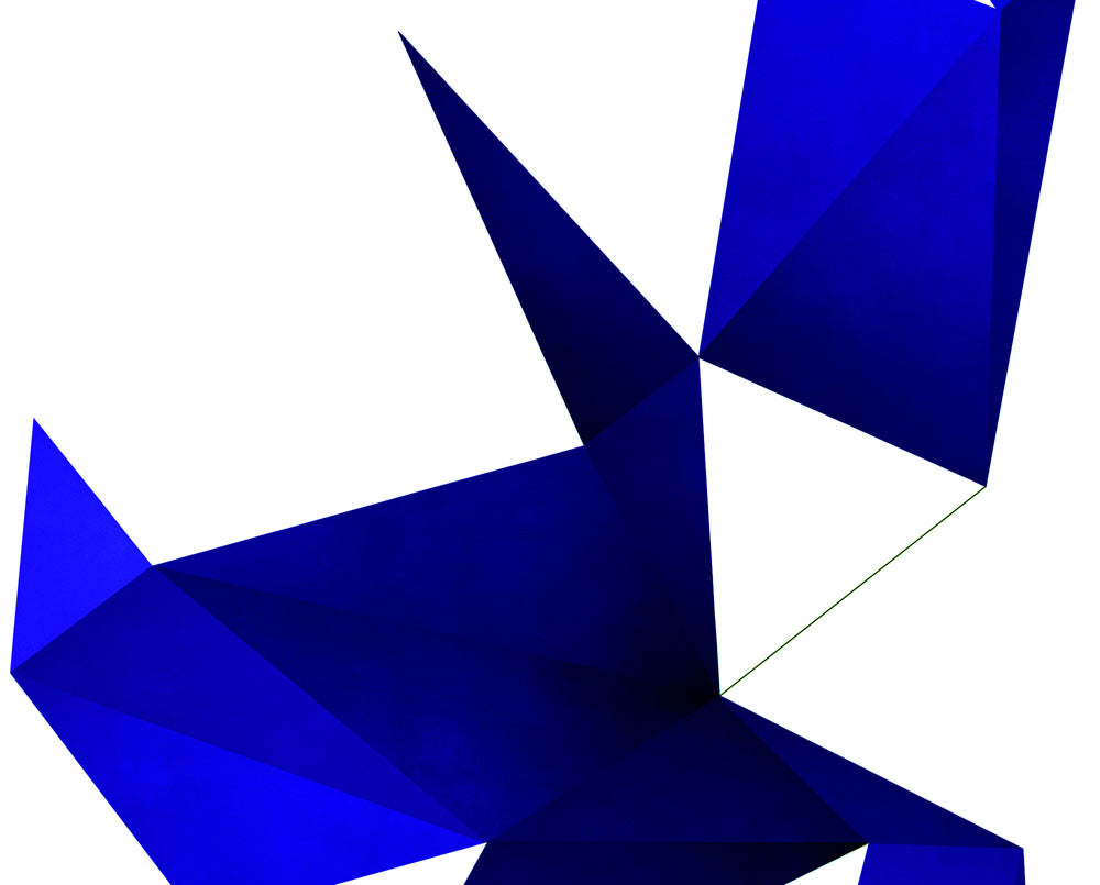 A blue origami bird on a white background.