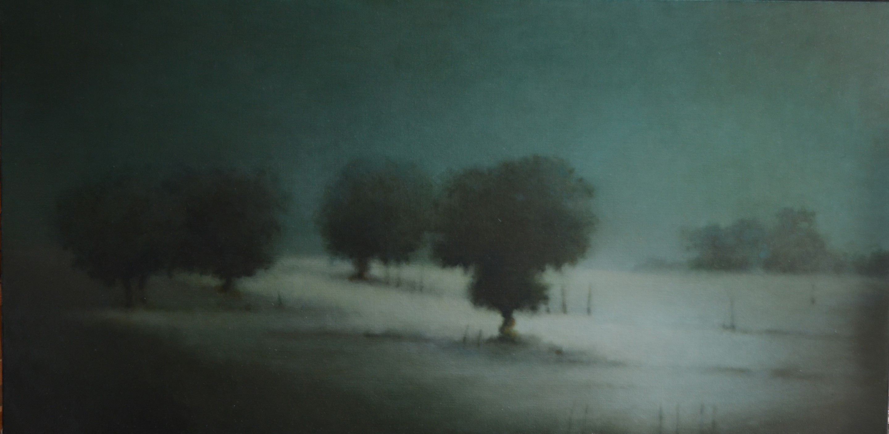 A painting of three trees in a foggy field.