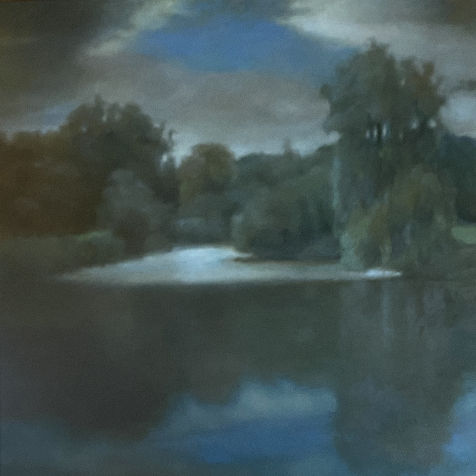 A painting of a lake with trees in the background.
