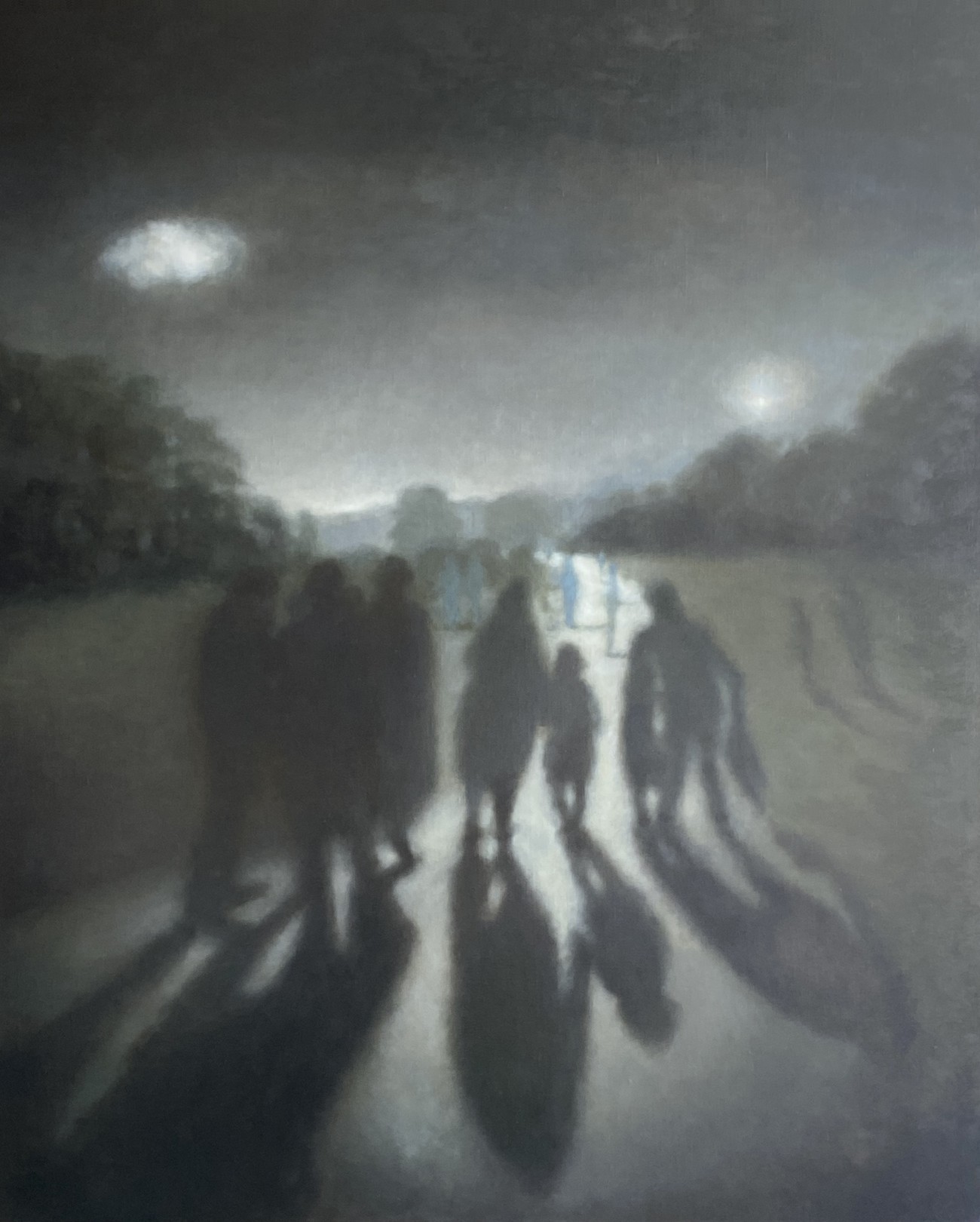 A painting of a group of people walking in a park at night.