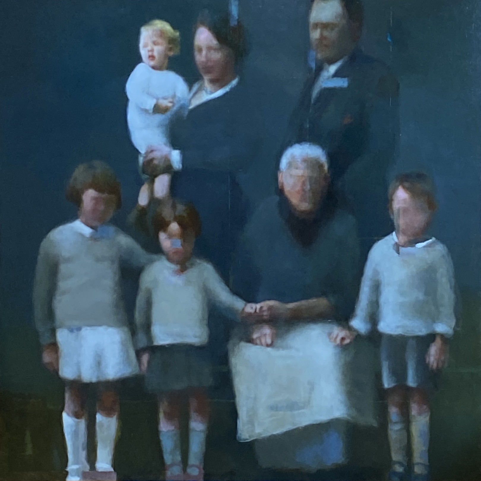 A painting of a family posing for a picture.