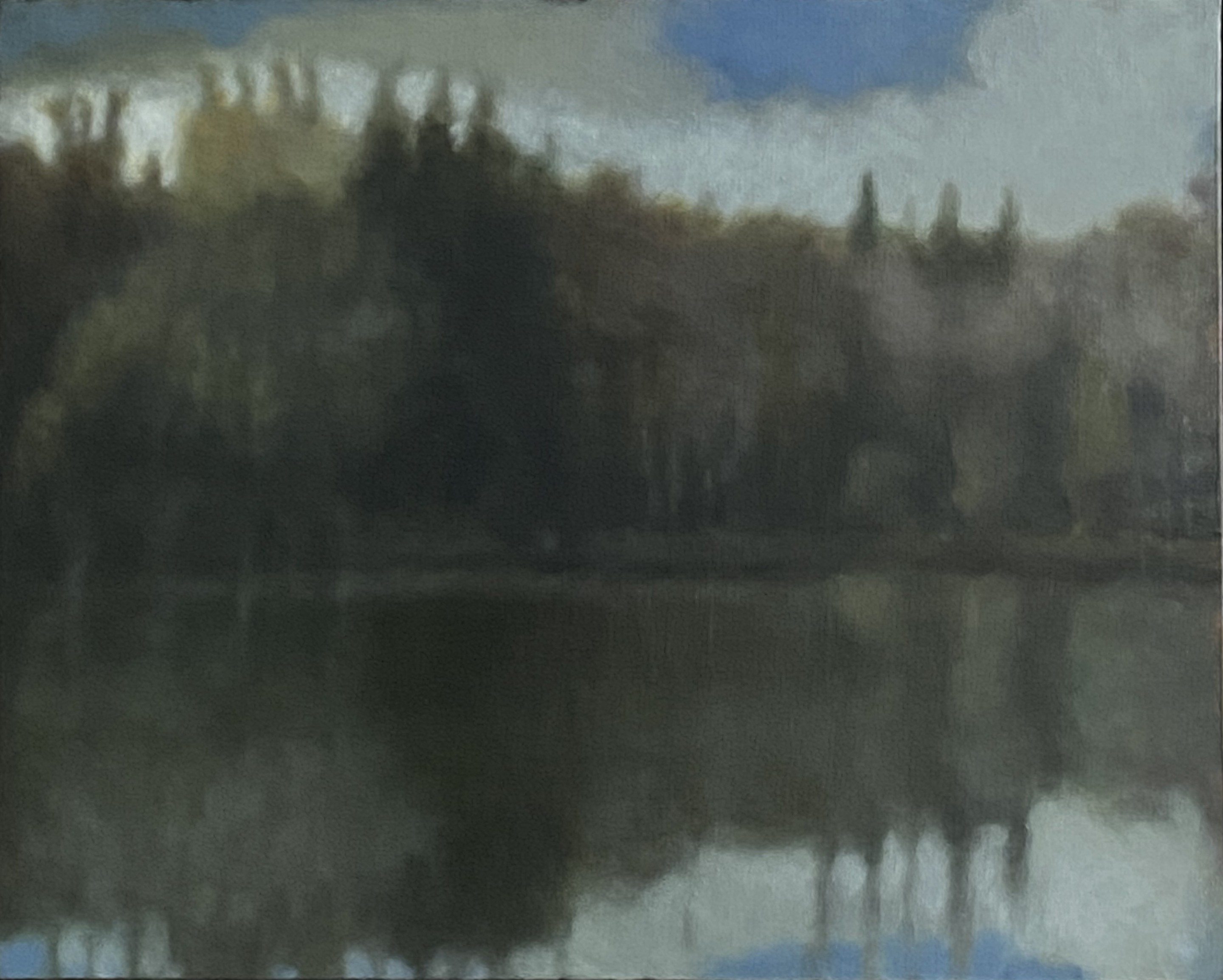 A painting of a lake with trees in the background.