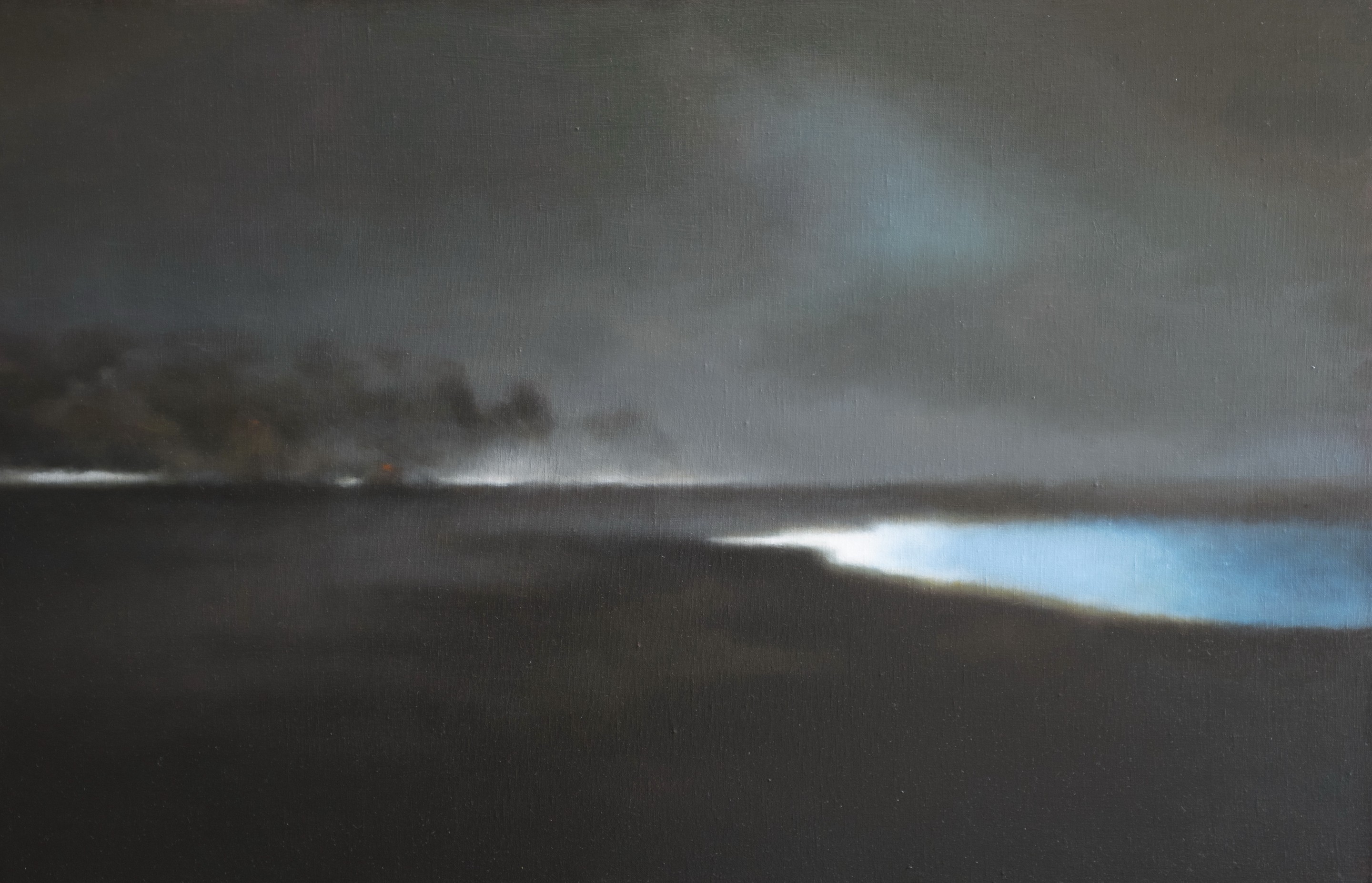 A painting of a dark sky over a body of water.