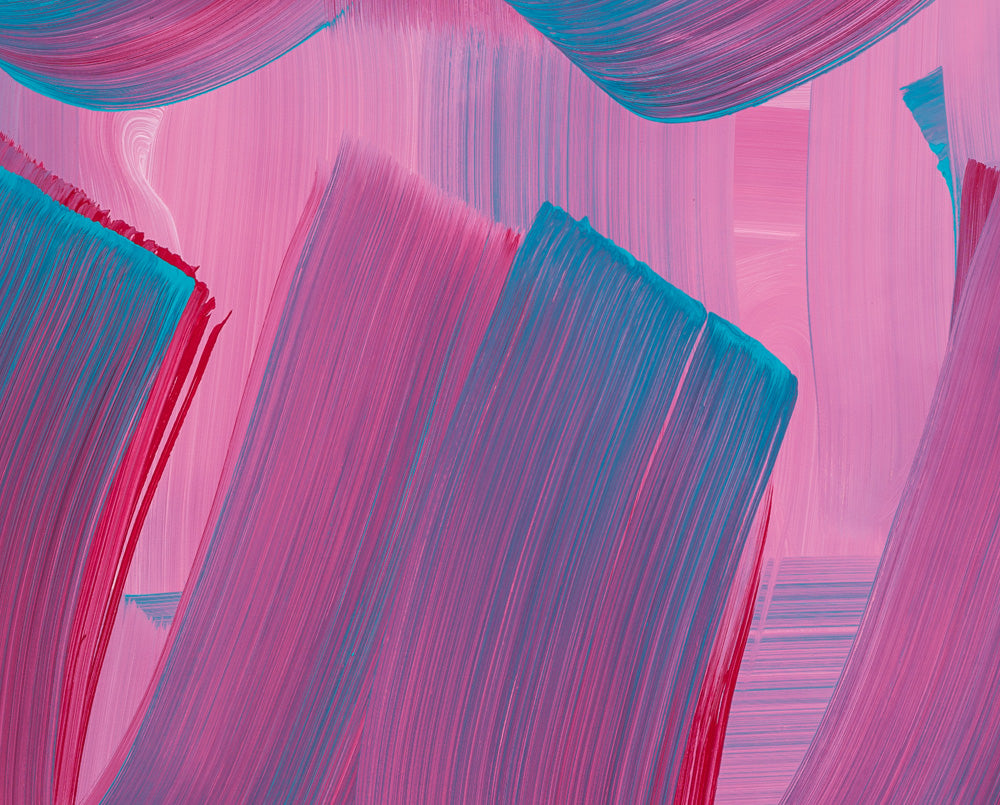 A pink and blue painting on a white wall.