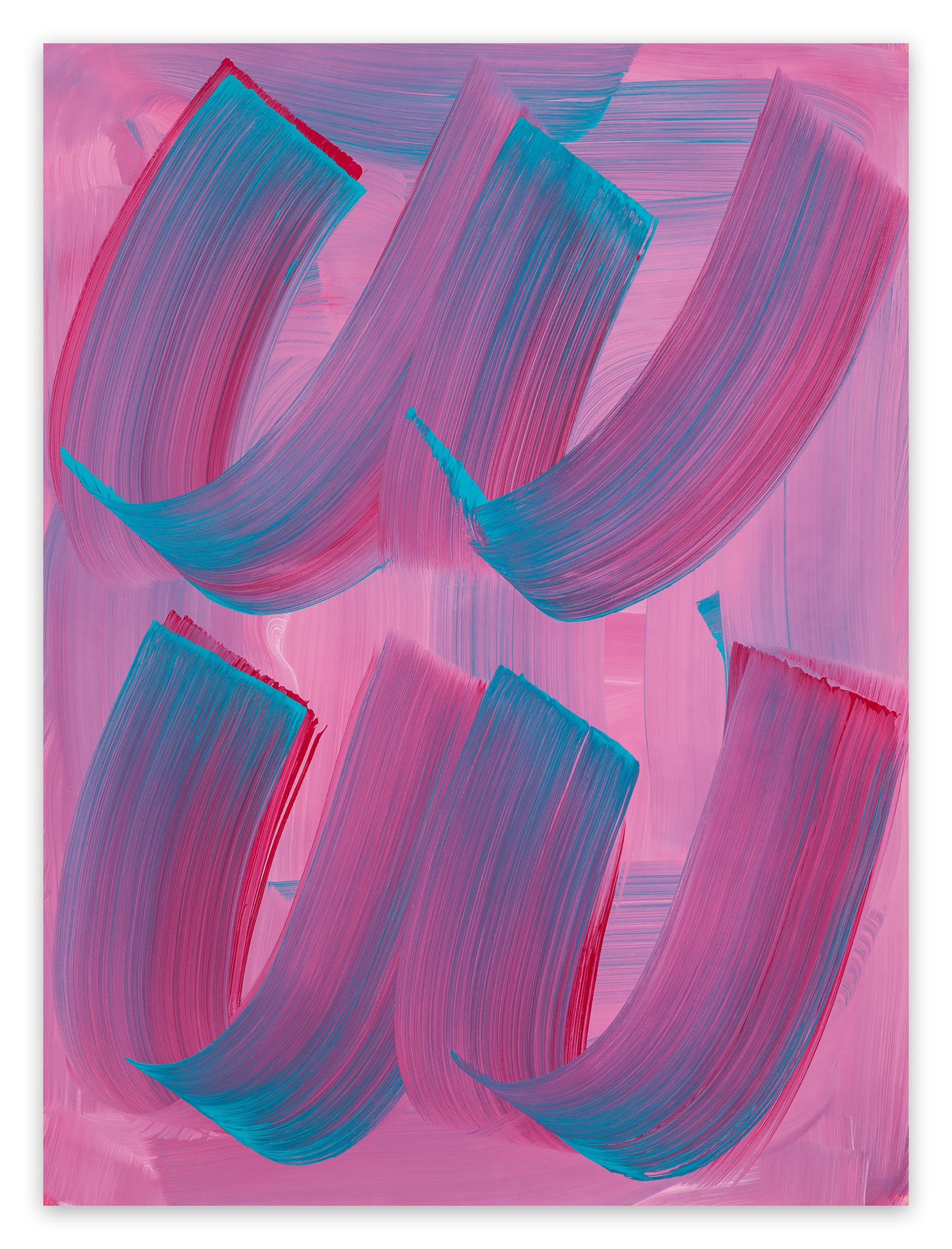 A pink and blue painting on a white wall.